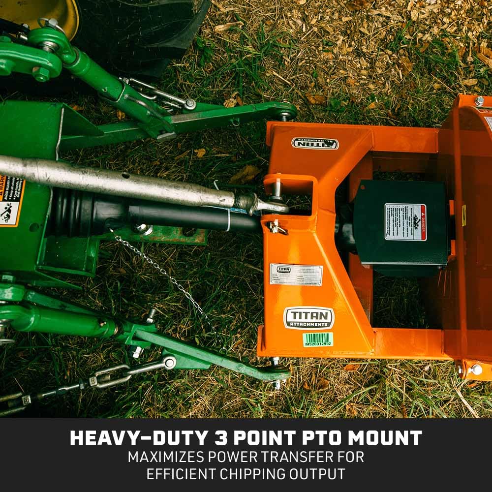 Titan Attachments 3 Point Wood Chipper, PTO Driven for Tractors up to 40HP, 25" Rotor Chips up to 4" Diameter Timber, Self-Feeding Chute, Adjustable Discharge, Shredder Mulcher with Reversible Blades
