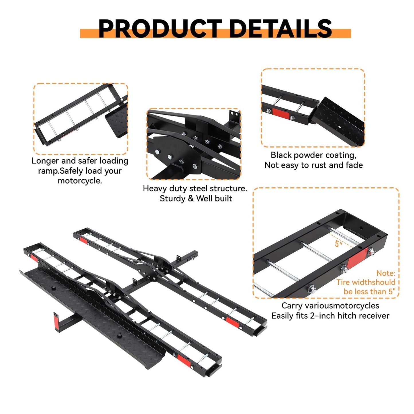 ExploreHorizon Heavy Duty Motorcycle Carrier for 2 Bikes, Hitch Mount Rack with Ramp for Dirt Bikes & Ebikes, 600 lbs Capacity with Ratchet Straps and Stabilizers, Receiver Hitch Ebike Carrier
