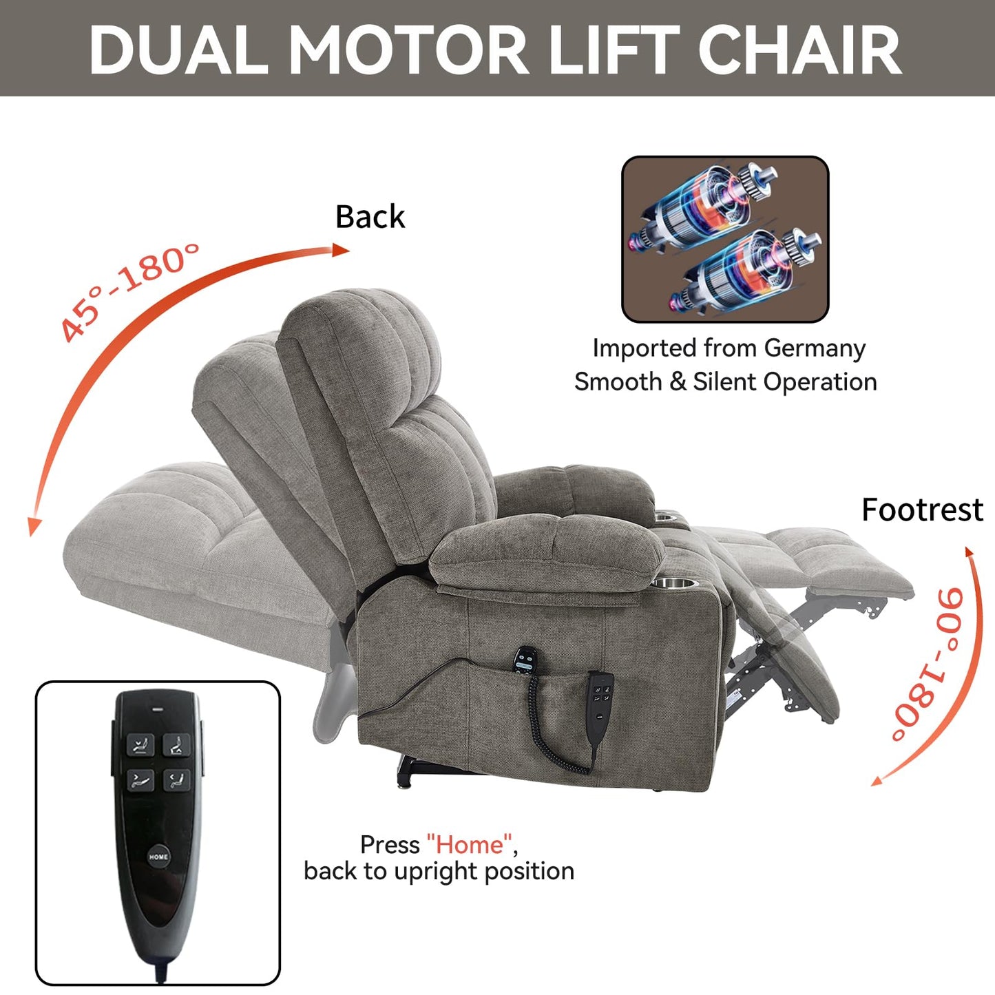 KEIKI Large Dual Motor Power Lift Recliner Chair for Adult, Chenille Upholstery Breathable Rocking Chair with Back Massager and Heated with Cup Holders, Famliy Daily Rest and Living Room Comfy, Brown