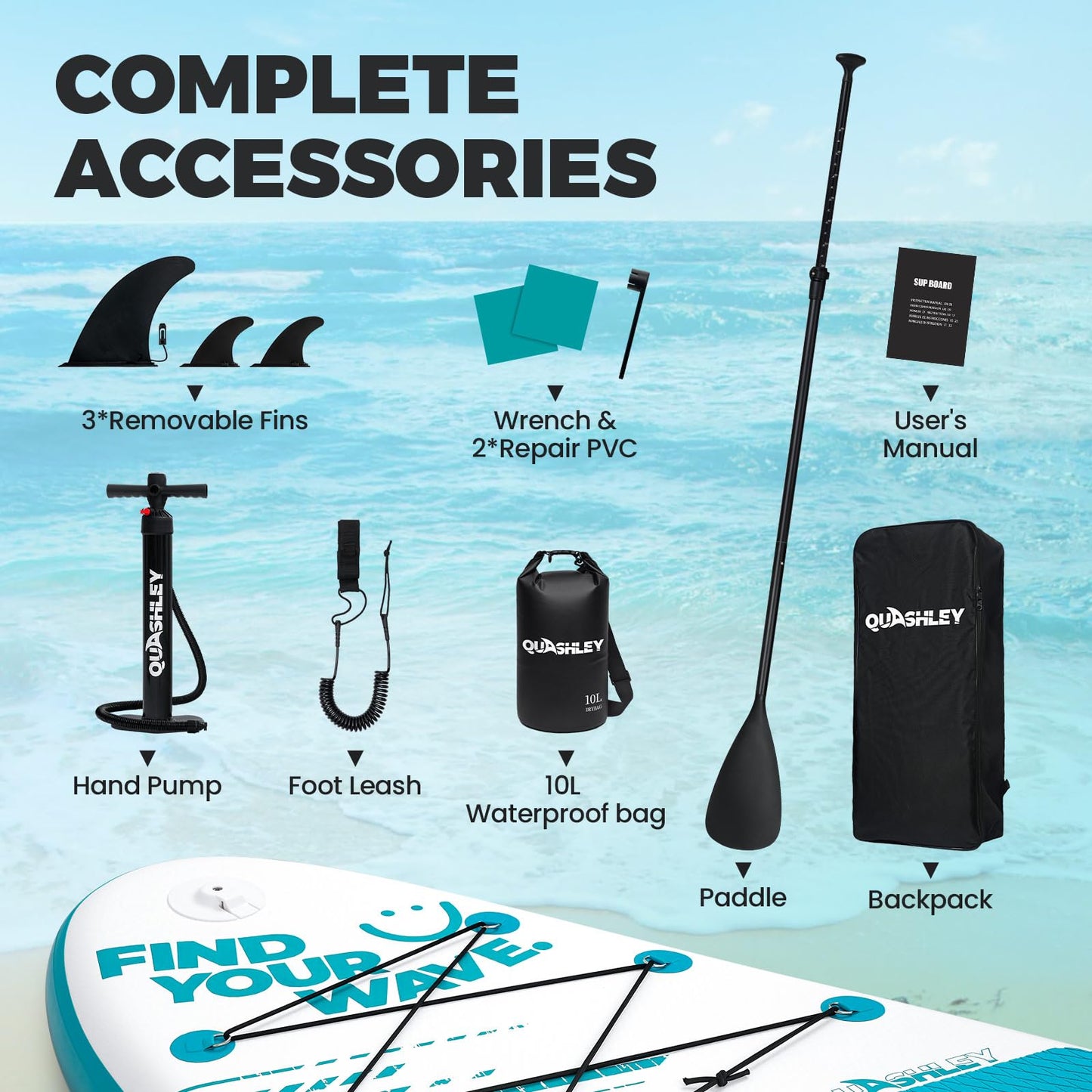 Quashley 10.5'*32" Inflatable SUP Board Premium Kit - Paddle, Pump, 10L Dry Bag Included - Lightweight and Compact for Effortless Transport