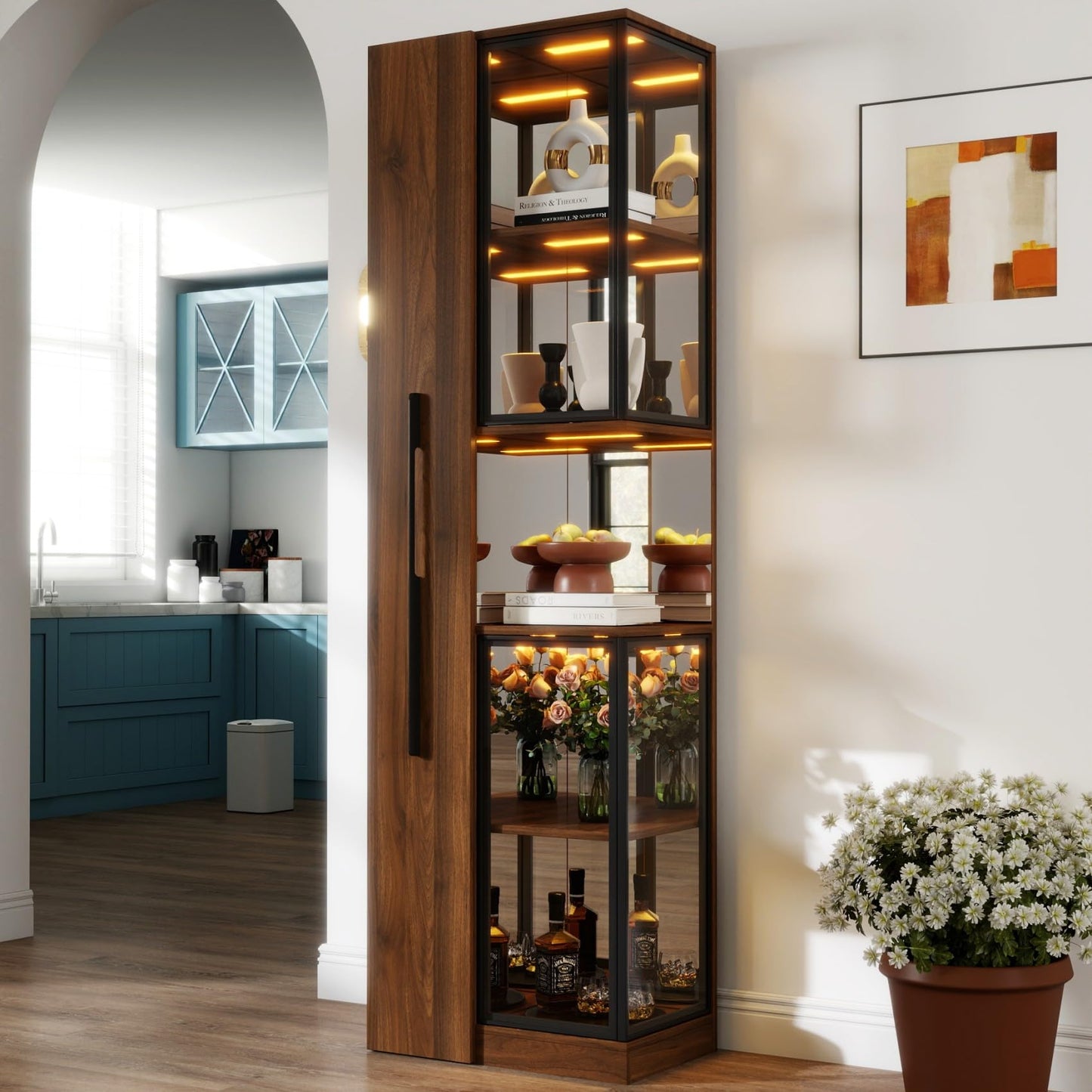 KEIKI 70" H Glass Display Storage Cabinet with Pull-Out Multi-Tier Shelf & LED Lights, Multi-Functional Curio China Collectibles Book Case Shelves Bookcase for Living Room, Home Office, Bedroom