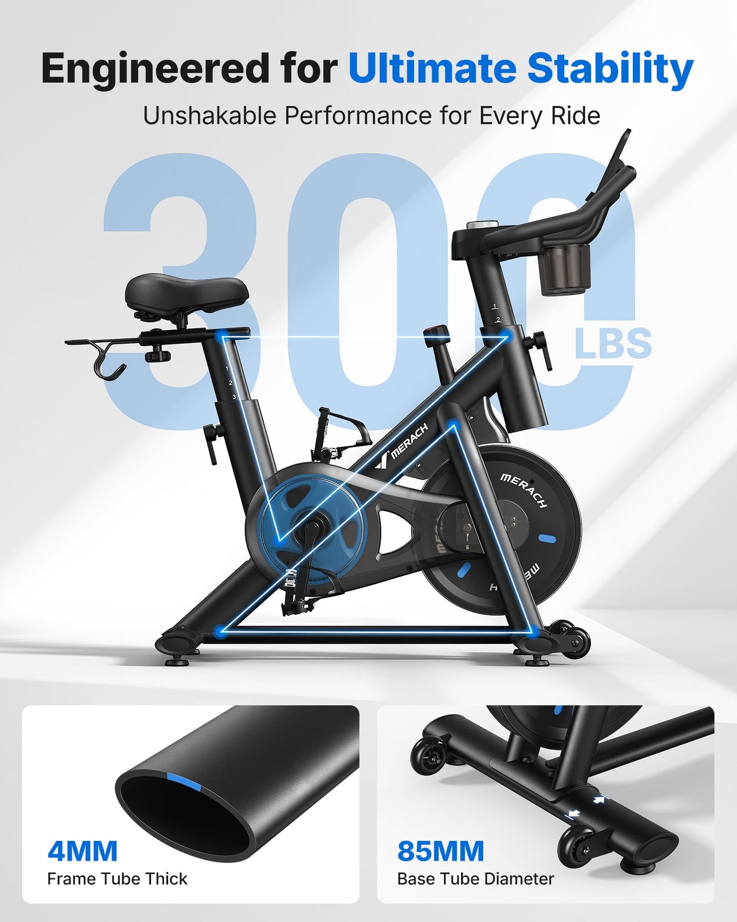 Merach Exercise Bike, Brake Pad/Magnetic Stationary Bike with Exclusive App, Low Noise Indoor Cycling Bike with 270LBS Weight Capacity, Dumbbell Rack and Fitness Courses for Weight Loss