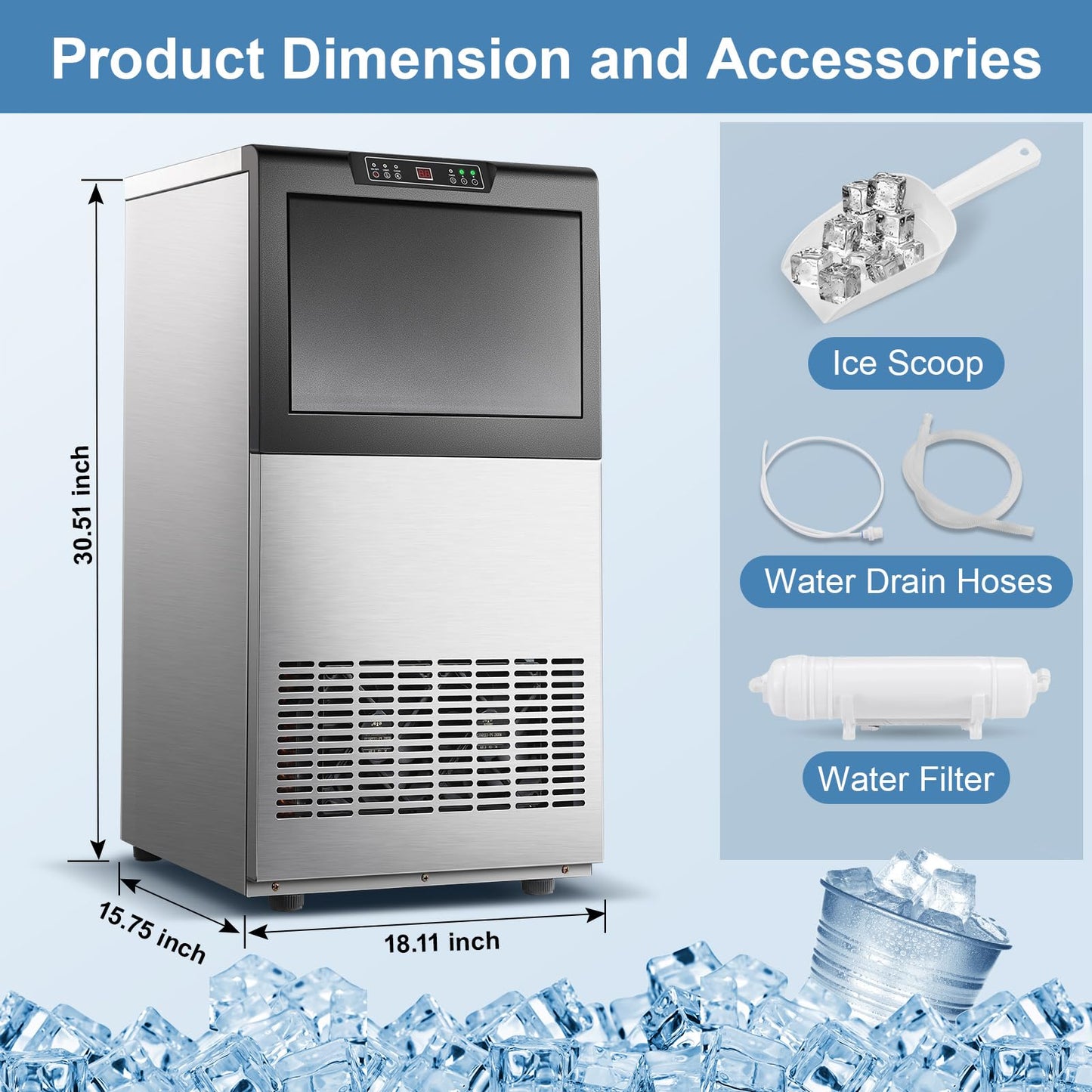Zomagas Commercial Ice Maker 150lbs/24H, Ice Maker Machine with 50lbs Ice Storage, Self-Cleaning, LED Digital Display, Blue Light, Under Counter/Freestanding Ice Machine for Home Bar Restaurant