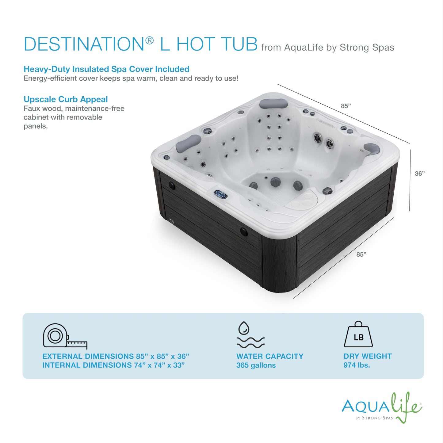 Destination Outdoor Hot Tub, 5-Person 59-Jet 80-Port 4-Pump Lounger Spa with Waterfall Arch and Bluetooth Stereo by Aqualife by Strong Spas