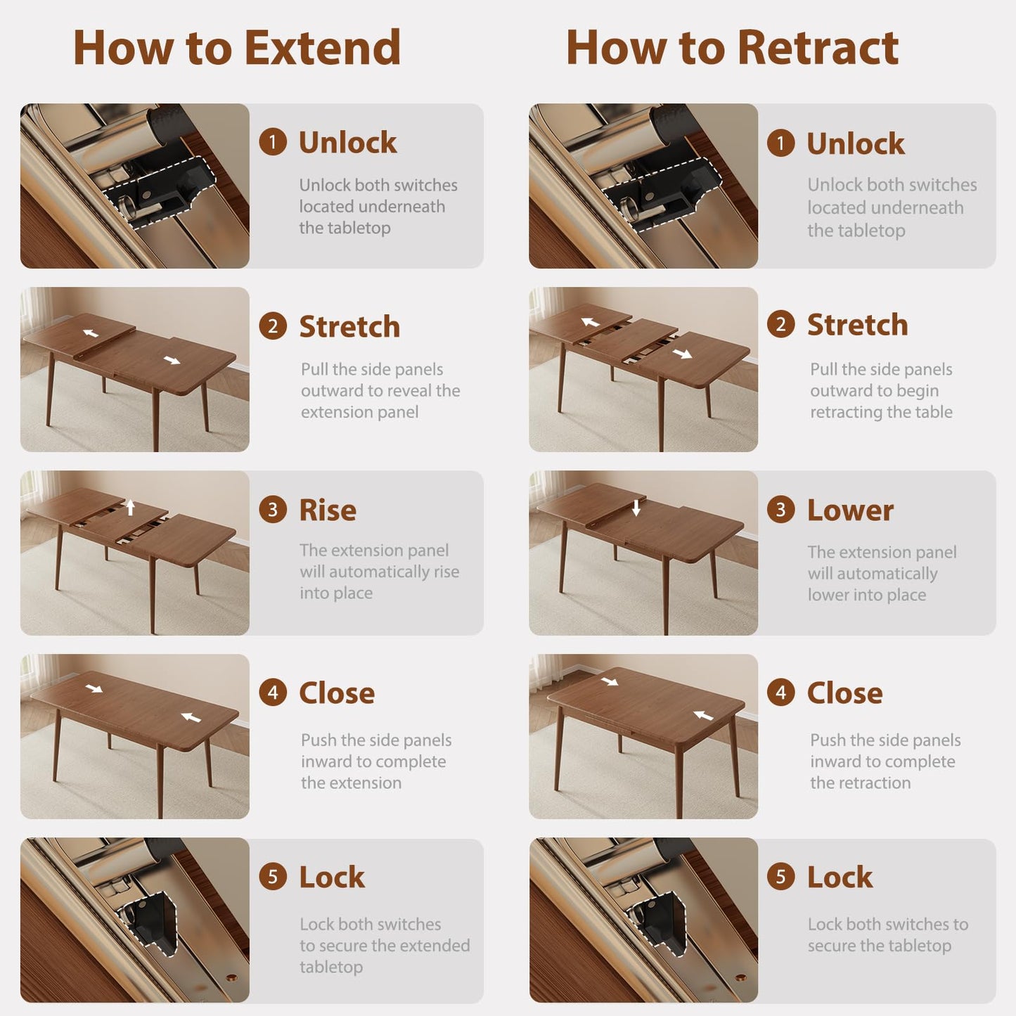 Muwuele Solid Wood Extendable Dining Table for 4-8 People with Seamless Extension from 47.2 to 63 Inches, Easy Assembly, Expandable Tables for Small Spaces, Dining Room, Kitchen, Living Room, Walnut