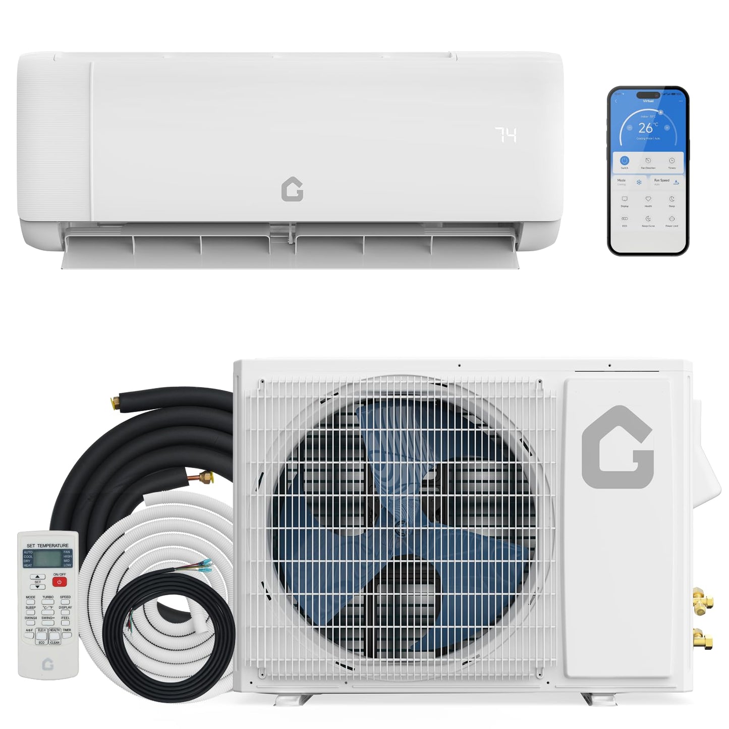 Garvee 12,000 BTU Mini Split Air Conditioner with Heat Pump, 22 SEER, Cools Up to 750 Sq. Ft, Inverter AC with Installation Kit & Remote, Ductless AC Unit with Pre-Charged Condenser, 230V, White