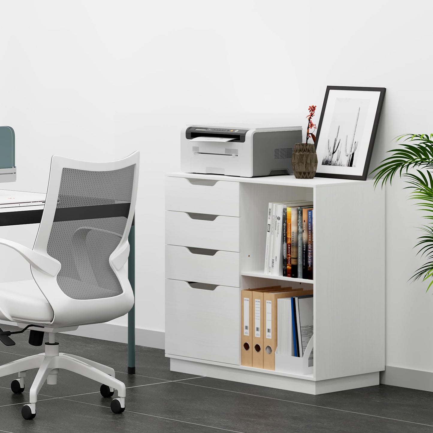 TQVAI 4 Drawer Filing Cabinet Organizer with 2 Open Shelves, Heavy Duty for Storing Letter A4 Size and Printer, Wood Lateral File Cabinets for Home Office, Hanging Files, White, Easy Assembly