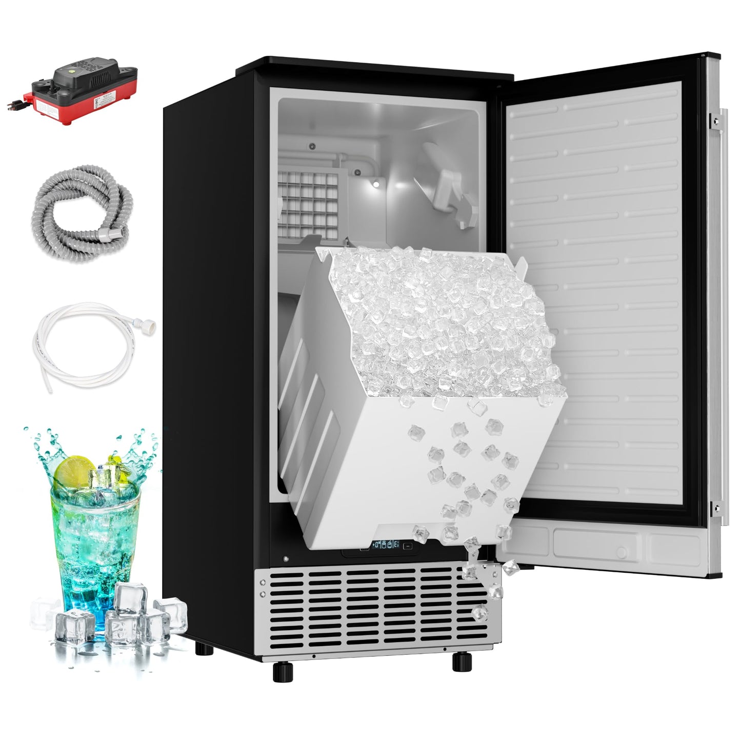 EUHOMY Under Counter Ice Maker with Drain Pump, 100 lbs/Day Ice Machine, Auto-Cleaning & 24H Timer, Stainless Steel Commercial Ice Maker with 24 lbs Storage for Home/Bar/Cafe/Restaurant