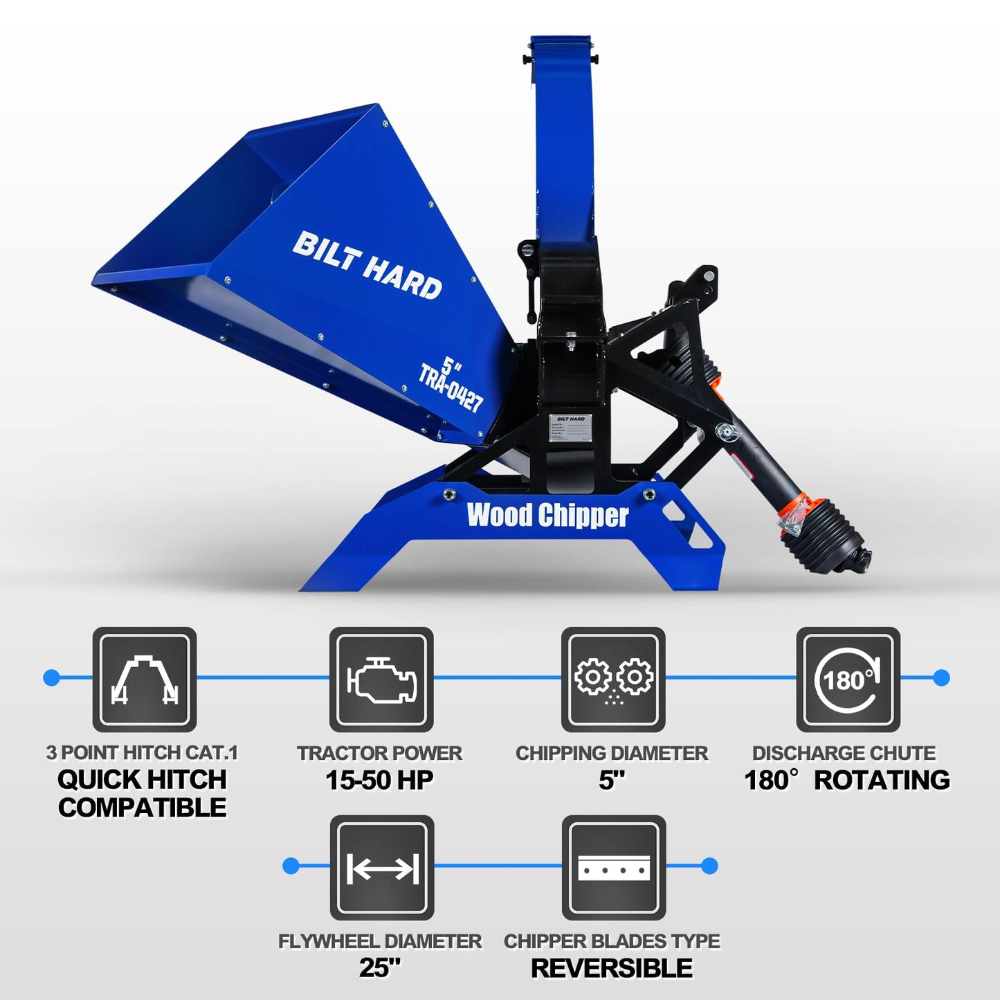 BILT HARD 5 Inch 3 Point PTO Powered Wood Chipper for 15-50 HP Tractors, Leaf Branch Shredder Mulcher, Category 1 Hitch and Quick Hitch Compatible, 25" Rotor with Reversible Blades