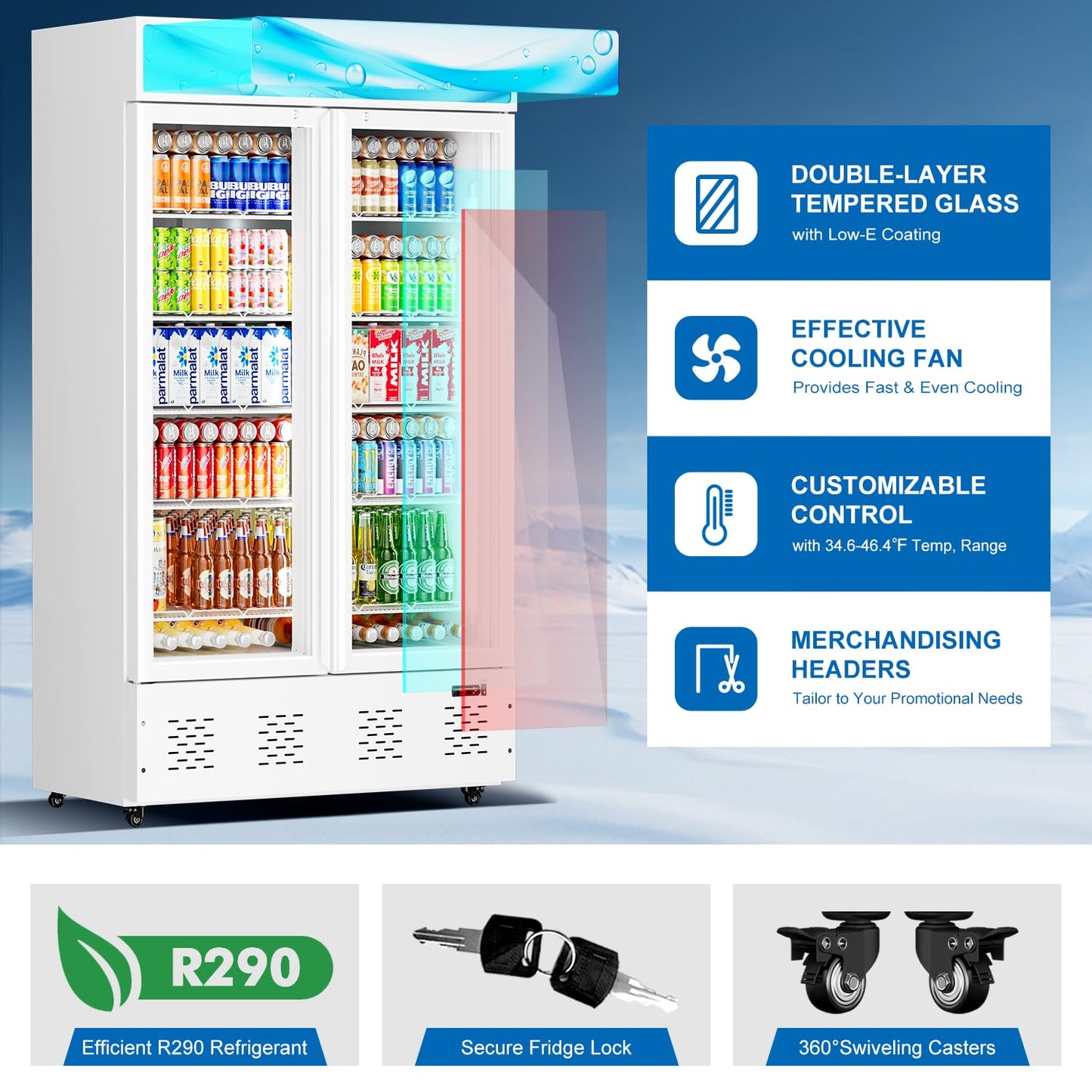 ECEVT 47.8'' W Commercial Beverage Refrigerators, 40 Cu.ft Glass Door Refrigerator Commercial Cooler with LED Light and 10 Shelves, Display Refrigerator for Restaurant Store Cafe Bar, White
