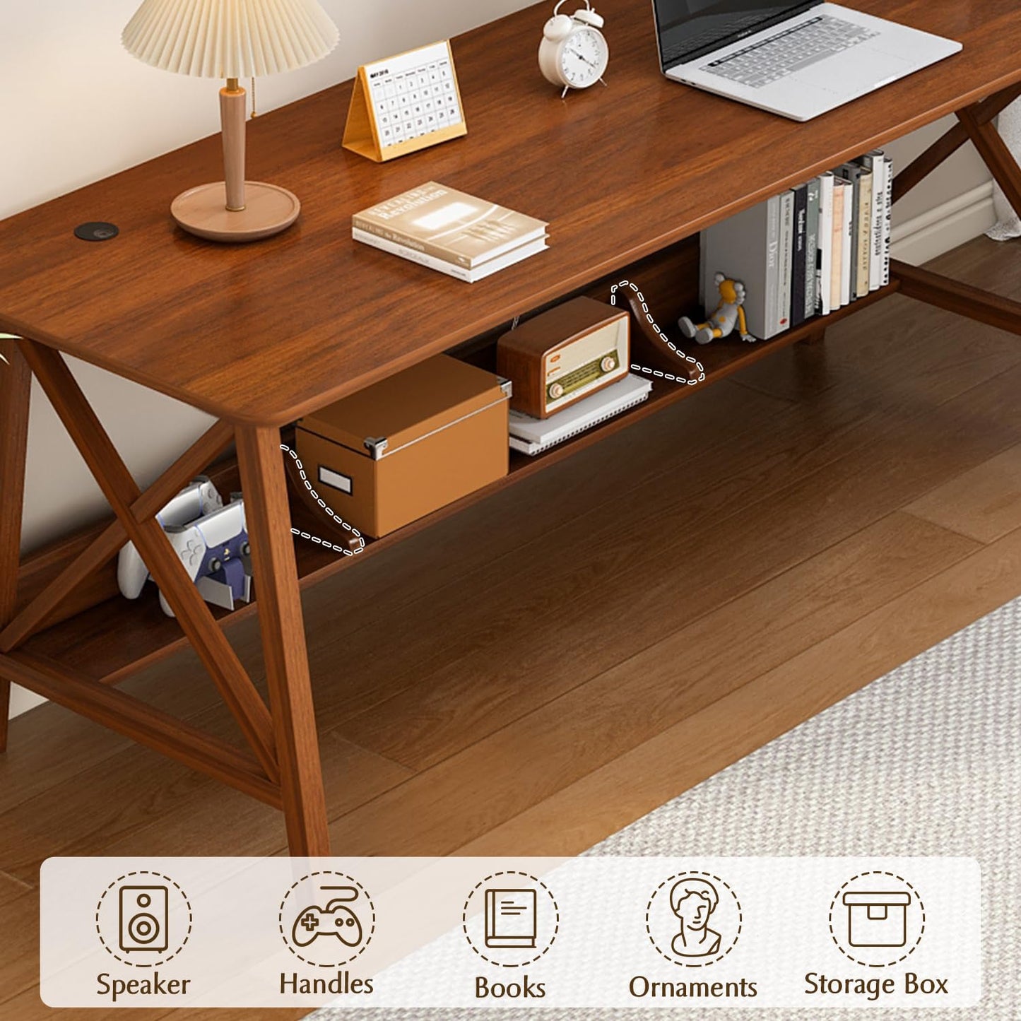 NELYE Extra Long Desk with Bookshelf - Wooden Home Office Work Study Table, 2-Person Writing Computer Workstation with Storage Shelf in Walnut, 63" Wx24 Dx30 H