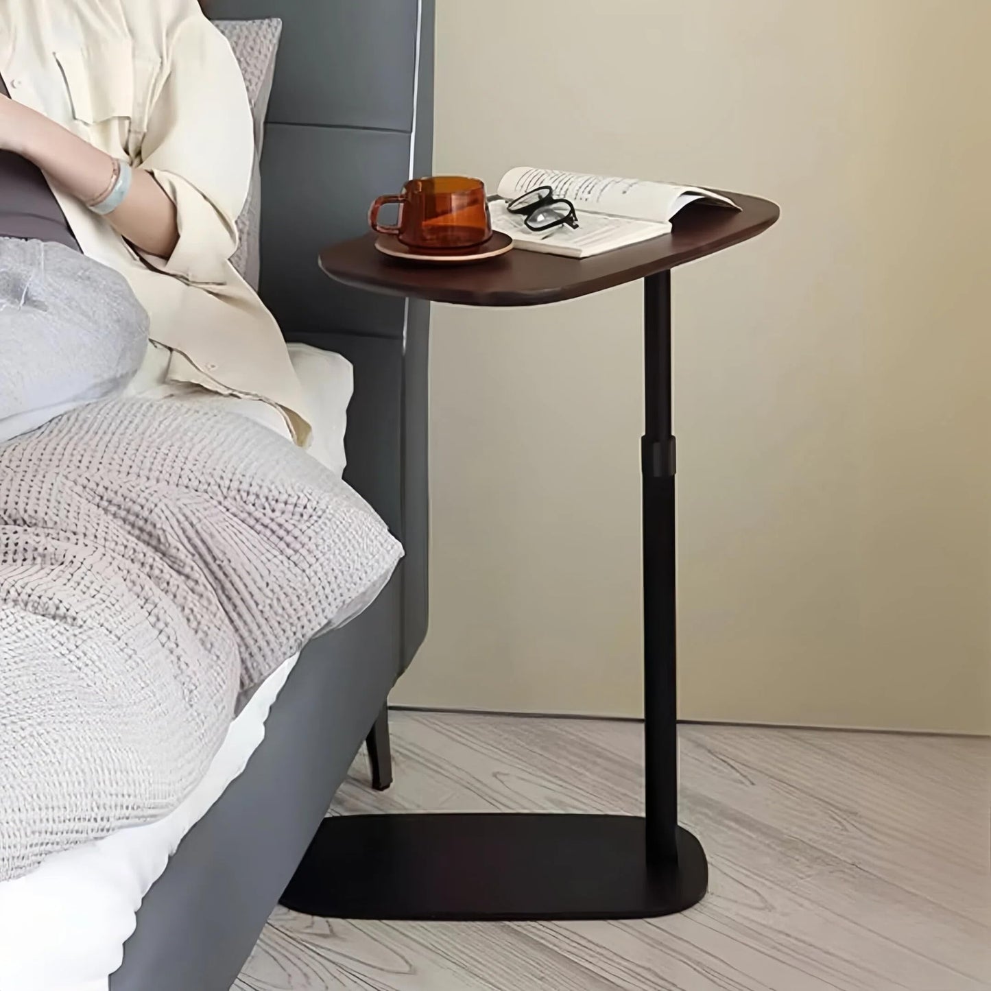 YLACMALS Modern C Shaped Side Table, Sofa Table, with Adjustable Height and Swivel Top, Laptop Table for Living Room, Bedroom, Study and Small Spaces, Walnut Wood