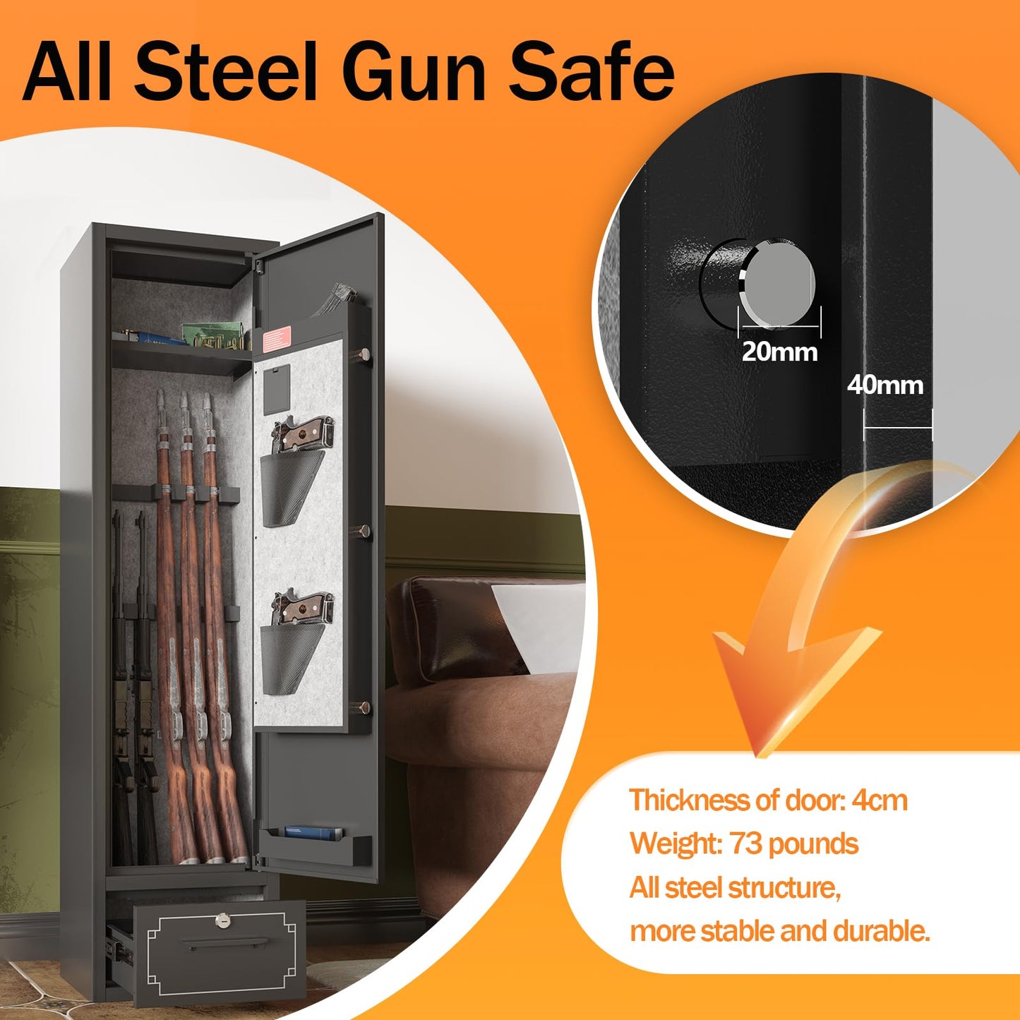 KAER 5-6 Gun Safe,Gun Safes for Rifle and Pistols,No Assembly Gun Cabinets,Rifle Safe,GunSafes for Rifle and Shotguns,Gun Safes & Cabinets with Drawer,Indoor Gun Rack,Removable Shelf (L)