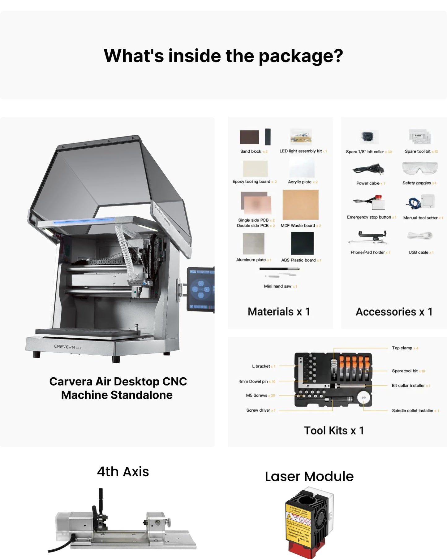 Carvera Air Desktop CNC Machine with 4th Axis and Add-on, Compact Enclosed Mini CNC Router Mill, Quick Tool Changer Closed-Loop Control, Makera CAM, High Precision for DIY Makers Workshops Metal Wood