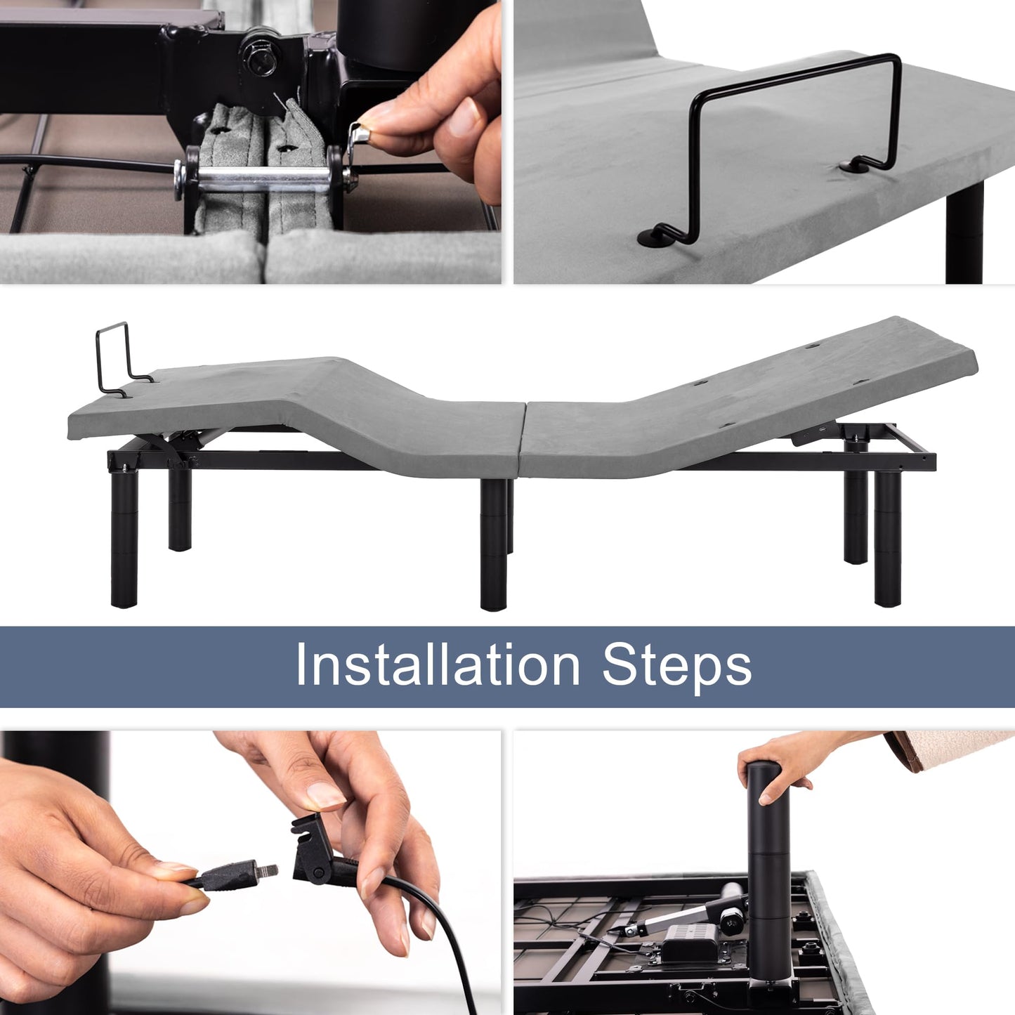 Fromann Adjustable Electric Twin XL Bed Base Frame with Massage, USB Type-C Ports, Zero Gravity, Under Bed Led Lighting and Three Leg Height (with Synchronization Connector) (Grey)