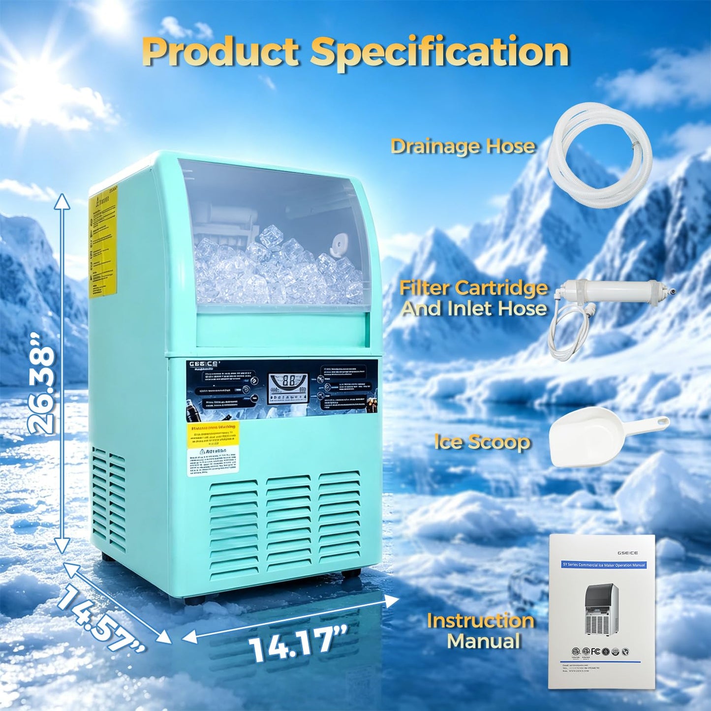 GSEICE Commercial Ice Maker Machine, 100lbs/24H, Under Counter Ice Machine with Water Filter, 20lbs Storage Bin, 50 Cubes in 8-12 Mins, Freestanding Ice Machine for Home/Bar/Cafe/Restaurant