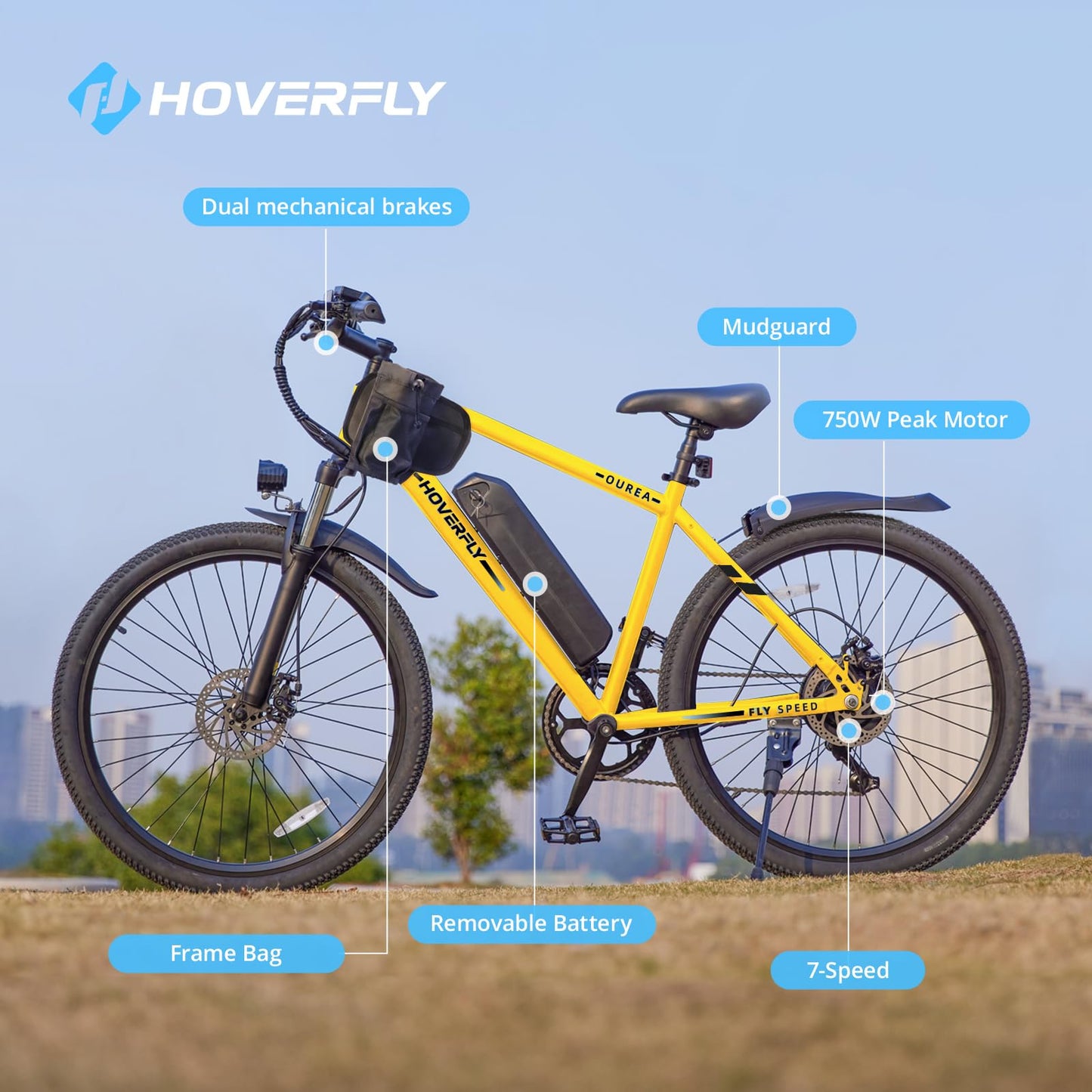 Hoverfly OUREA Electric Bike 26", 750W Peak Motor Mountain Ebike, Up to 40 Miles 20MPH Removable Battery, 7-Speed and Shock Absorber, Electric Commuter Bike for Adults Yellow
