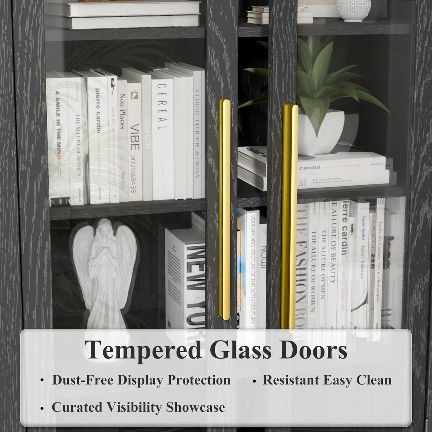TRUNBACK 63" Tall Arched Display Cabinet with Glass Doors, Modern 5-Tier Curio Cabinet with Adjustable Shelves for Living Room, High Load Capacity Wood Arched Bookshelf Pantry Cabinet, Black