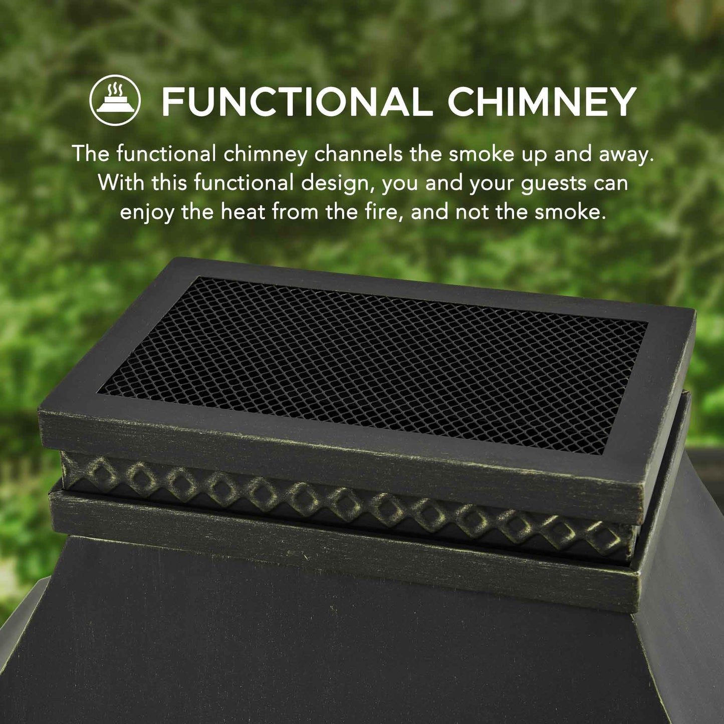 Sunjoy Outdoor Fireplace, Stone Look Tile Patio Wood Burning Steel Fireplace with Chimney, Spark Screen, Fire Poker, Rain Cover, and Removable Grate, Black with Golden Highlight
