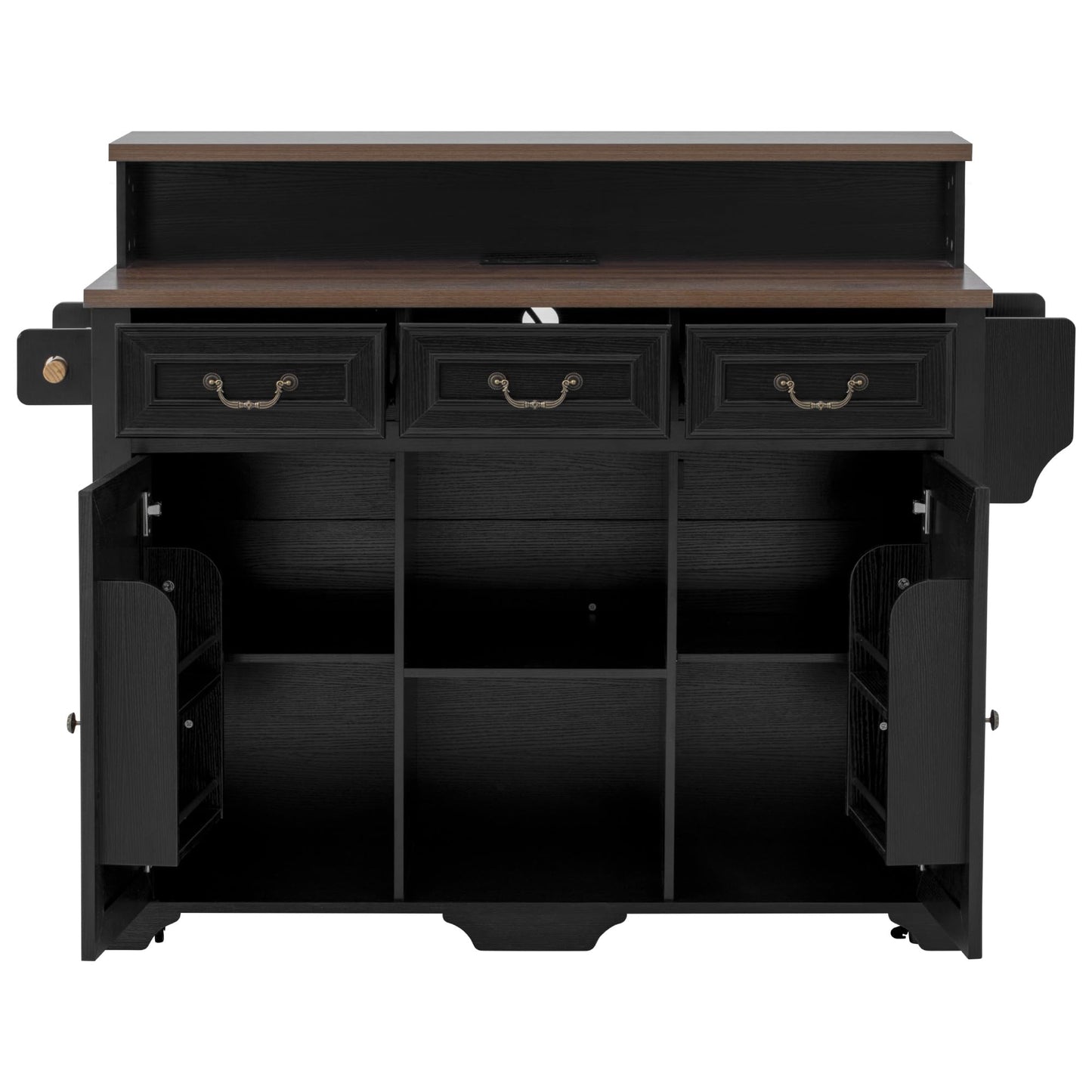Merax 53.2" Two-Tier Kitchen Island with Storage, Farmhouse Kitchen Island with Power Outlet, 4 Door Shelves, Adjustable Shelves, 3 Drawers, Rolling Island Table, Bar Cabinet for Kitchen, Ash Black