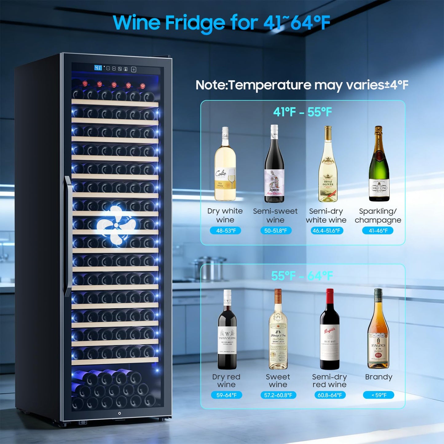 EORICE 24 Inch Wine Fridge Wine Cooler Refrigerator, 187 Bottles Freestanding Wine Cabinet with Sliding Rail Shelves, Glass Door & LED Lights, 41℉-64℉ Quiet Low Noise for Home Office Kitchen
