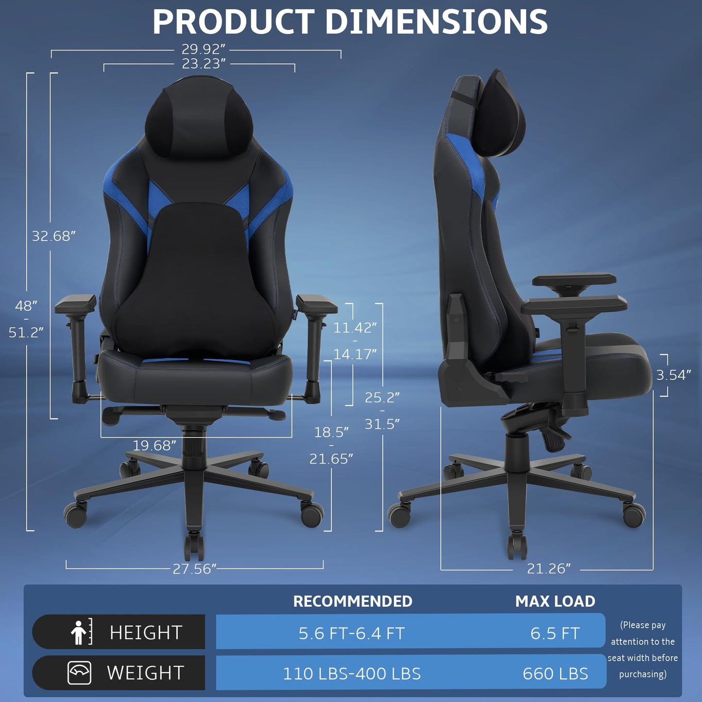 Wyrdforging Ergonomic Gaming Chair, Computer Desk Chairs, 4D Armrests, High Back Office Chair with Headrest & Lumbar Pillow, Tilt Rocker Recliner, Heavy-Duty Base, Black PU Leather & Blue Suede Combo