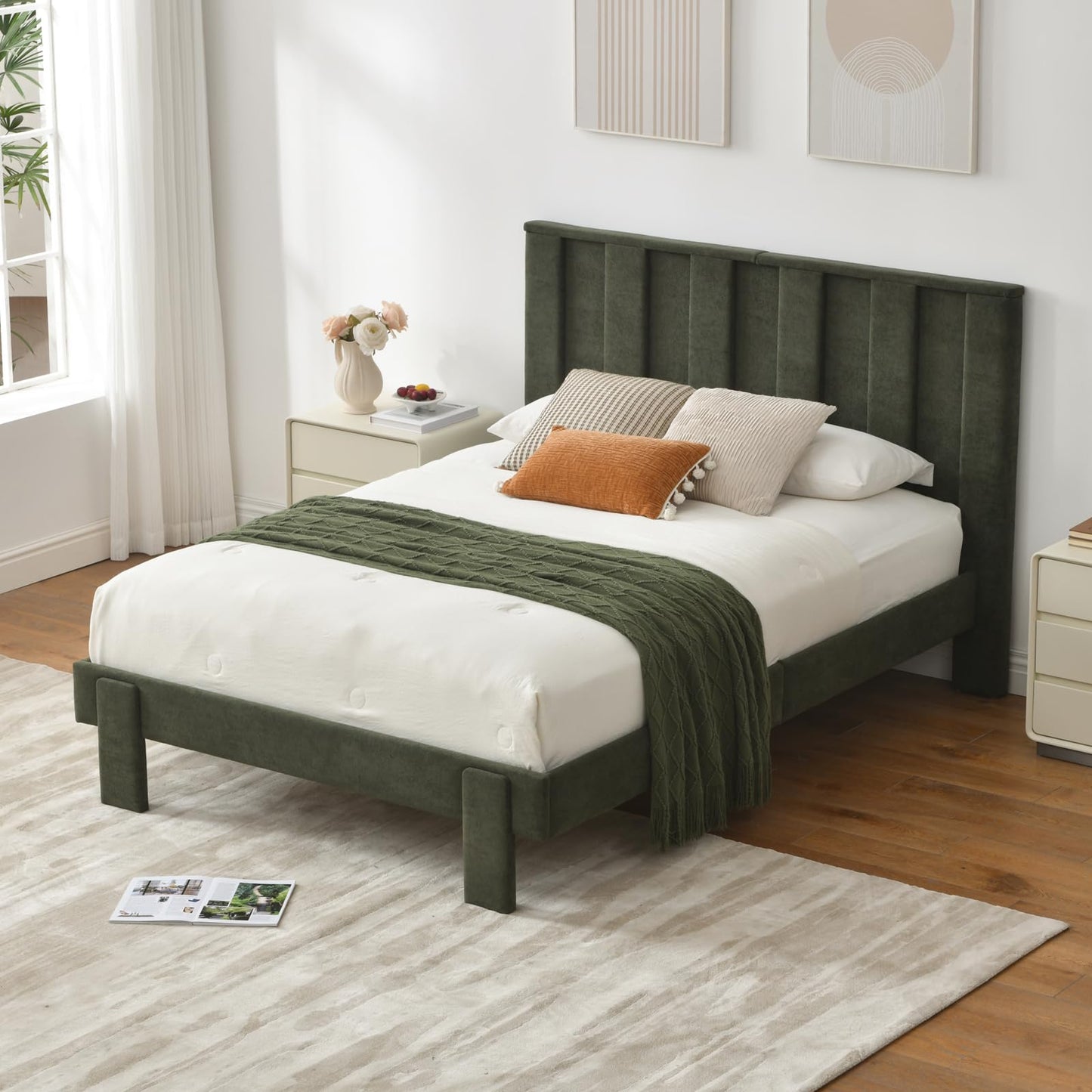 PINJU Sturdy Upholstered Platform Bed Frame with Vertical Channel Tufted Headboard, No Box Spring Needed, Easy Assembly, Noise-Free Bed Frame for Bedroom (Green, Full)