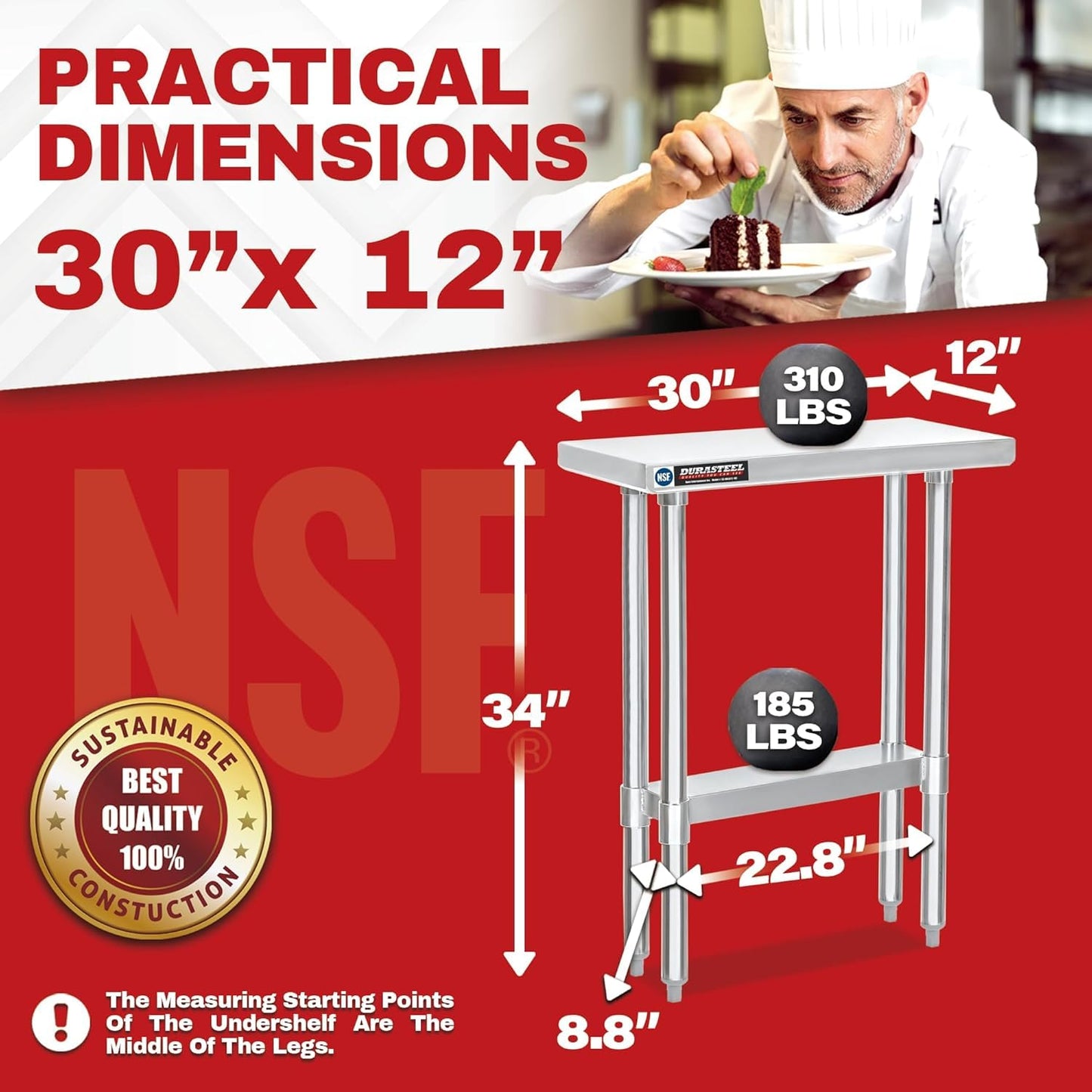 DuraSteel 30x12 Stainless Steel Work Table - NSF Commercial Prep Metal Table - Outdoor Pizza Oven Stand w/Under Shelf - Kitchen Island Laundry Utility Garage Microwave Stand Large Rolling Storage Cart