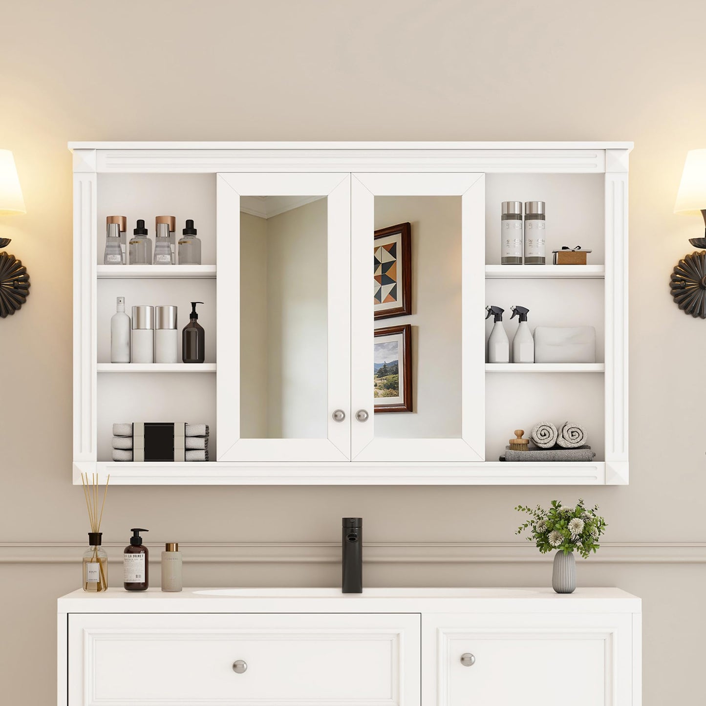 Merax Bathroom Medicine Cabinet with Mirror Door & Adjustable Shelf, 48" x 28" Wall Mounted Bathroom Storage Cabinet with Mirror, Over The Toilet