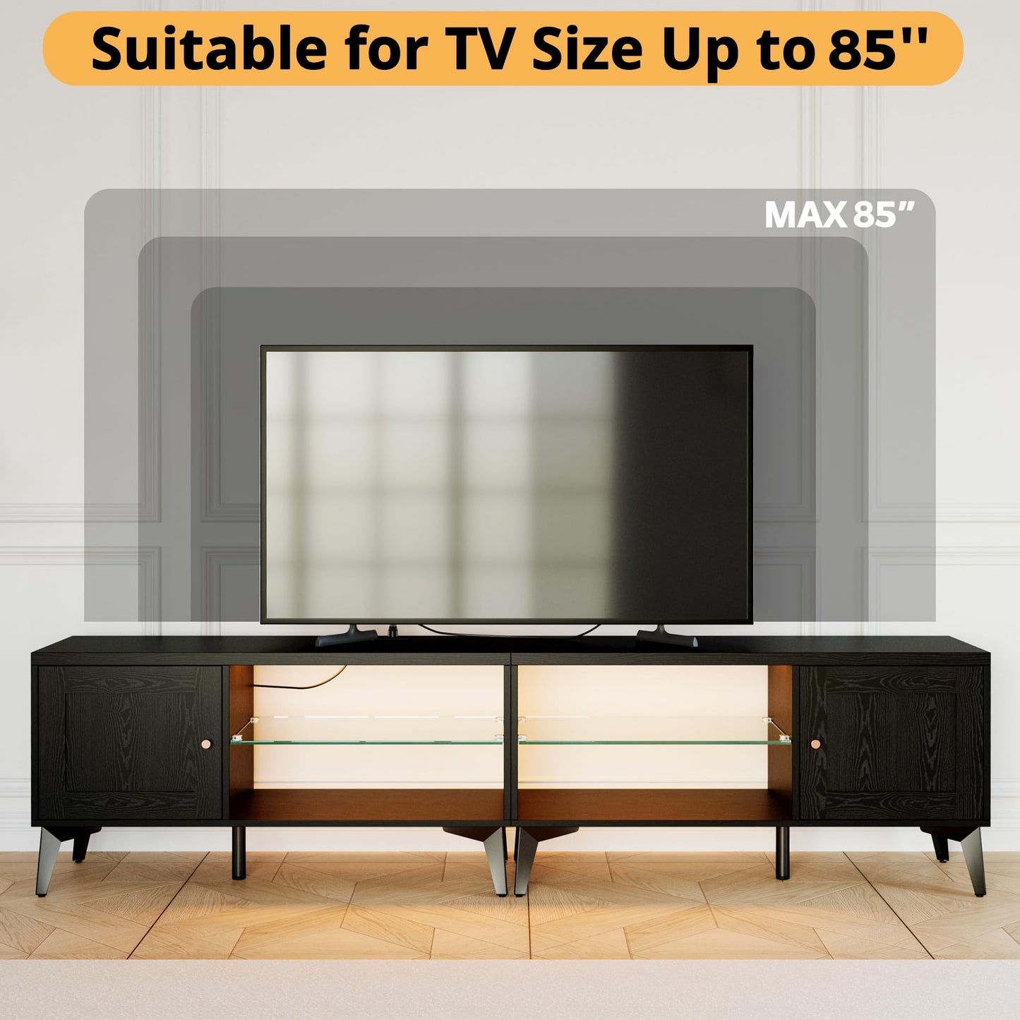 LIKIMIO 2-in-1 TV Stand for 85 Inch TV, Black TV Consoles with LED Lights
