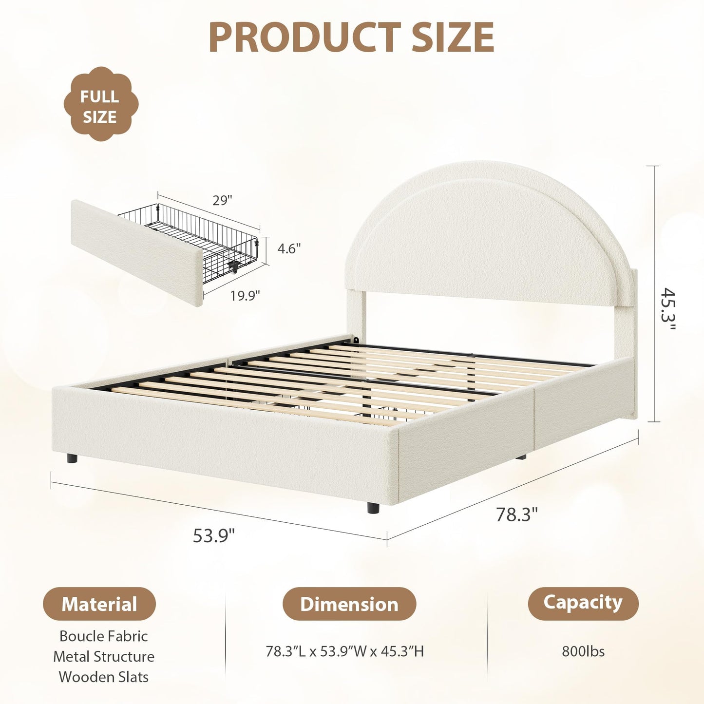 Garvee Full Size Bed Frame with Storage Drawers, Upholstered Boucle Platform Bed with Round Headboard, Heavy Duty & Noise Free, No Box Spring Needed, Beige