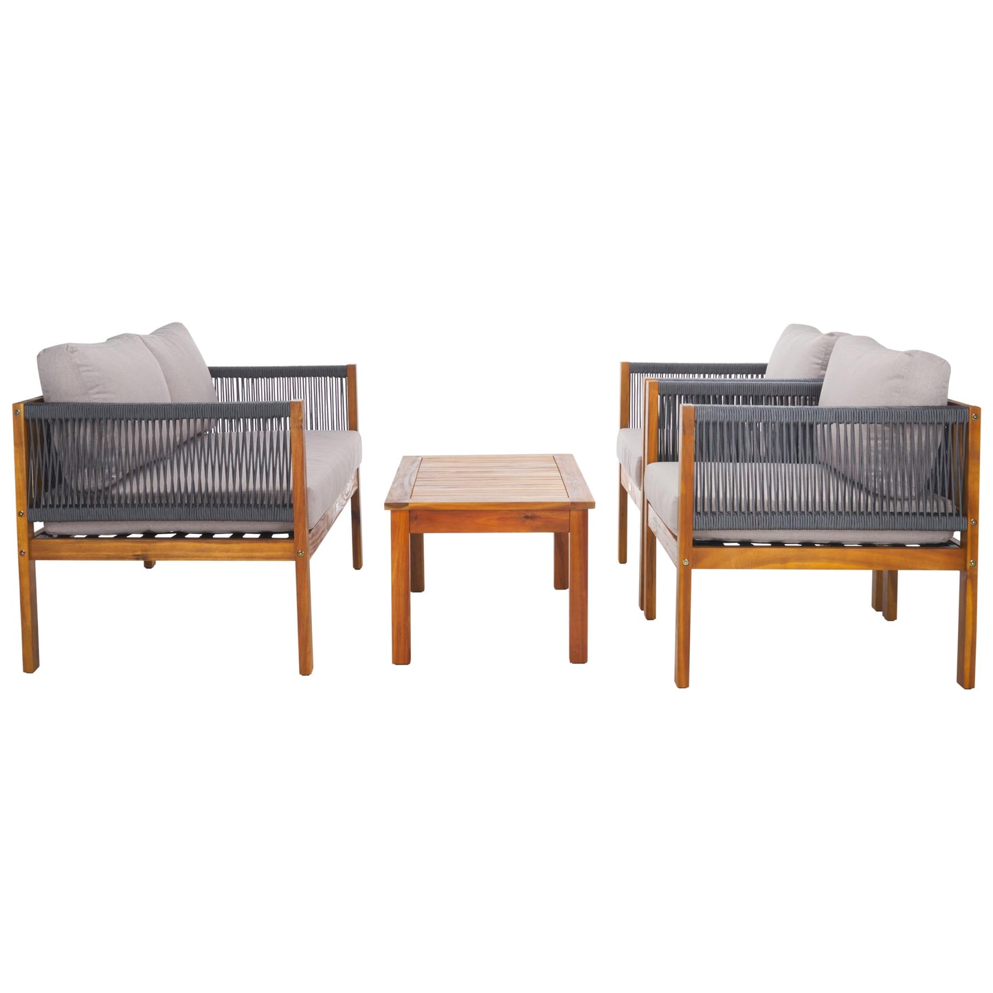 SAFAVIEH Outdoor Collection Wilson Brown Acacia Wood/Light Grey Cushion & Grey Rope 4-Piece Conversation Patio Set