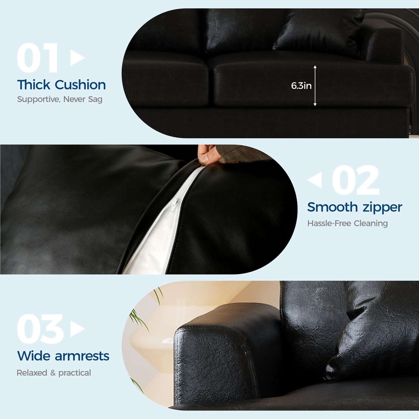Garvee 86" Faux Leather Sofa, Modern Deep Seat Couch with 2 Throw Pillows, Upholstered Cushion & Removable Cover, Comfy Leather Couch for Small Space, Apartment, Living Room Lounge, Black