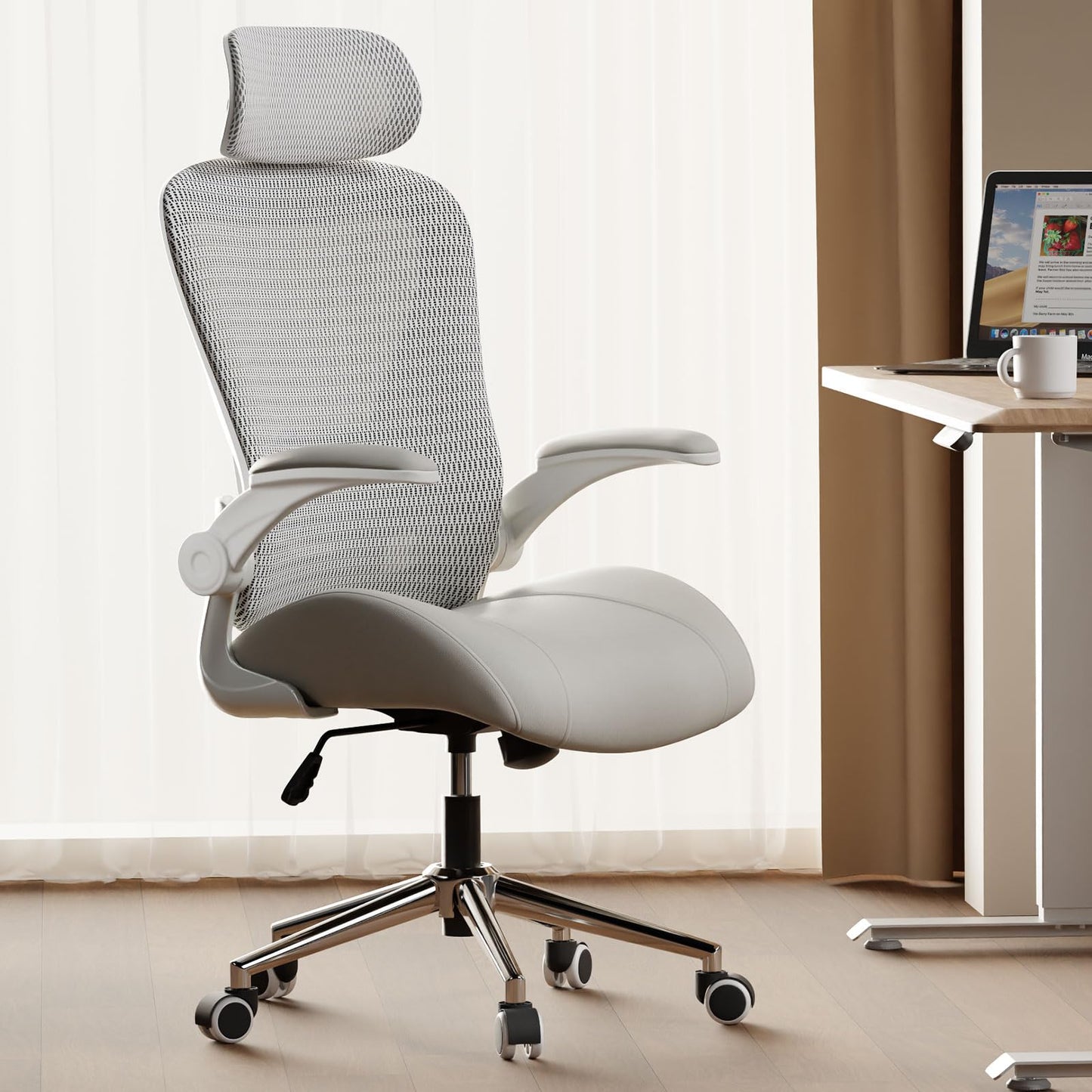 VOTRENIX Grey Ergonomic Home Office Desk Chair, Premium Thickened Leather Curved seat with Breathable mesh Back, 3D headrest and Adjustable Lumbar Support, Ideal Chair for Office or Gaming, Gray