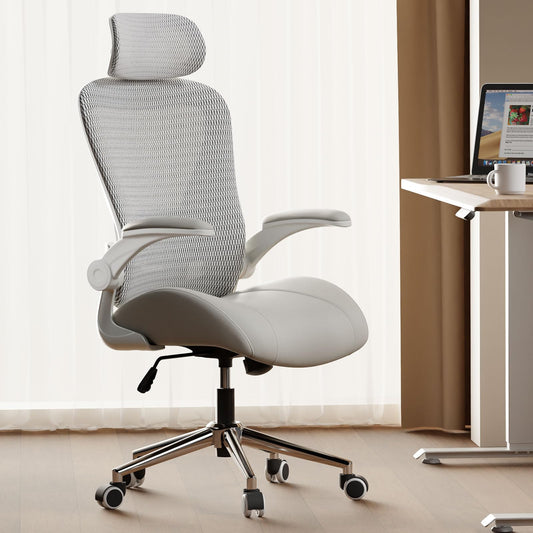 VOTRENIX Grey Ergonomic Home Office Desk Chair, Premium Thickened Leather Curved seat with Breathable mesh Back, 3D headrest and Adjustable Lumbar Support, Ideal Chair for Office or Gaming, Gray