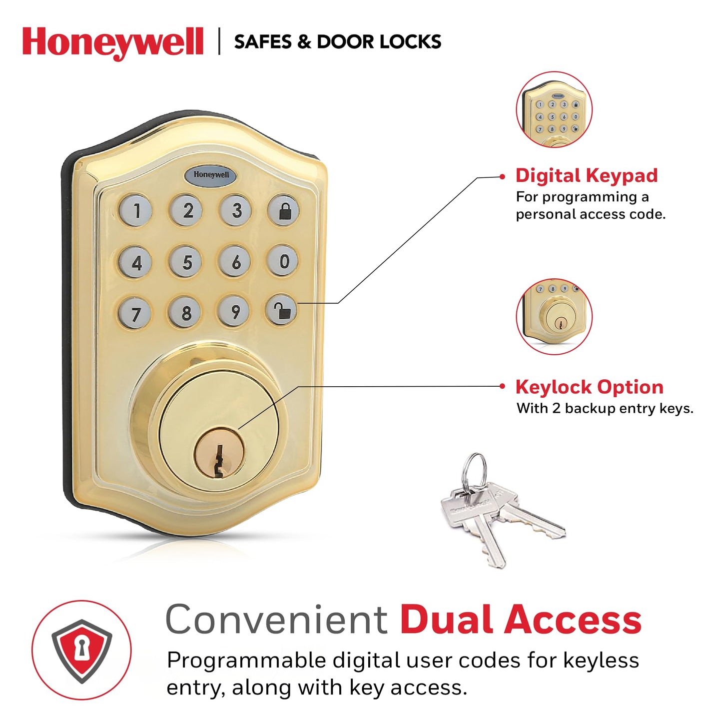 Honeywell Safes & Door Locks - Keyless Entry Door Lock with Smart Electronic Keypad Deadbolt - Easy Installation & 50 Different User Pin Codes - Auto Lock - Polished Brass - 2.9 x 2 x 6.2 in - 8712009