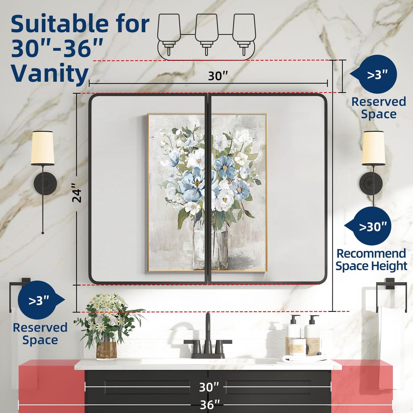 YTSMIR Bathroom Medicine Cabinet with Mirror 24 x 30 Inch, Black Medicine Cabinet Recessed or Surface Wall-Mounted, Mirrored Cabinets with Sturdy Metal Adjustable Shelves for Bathroom Vanity
