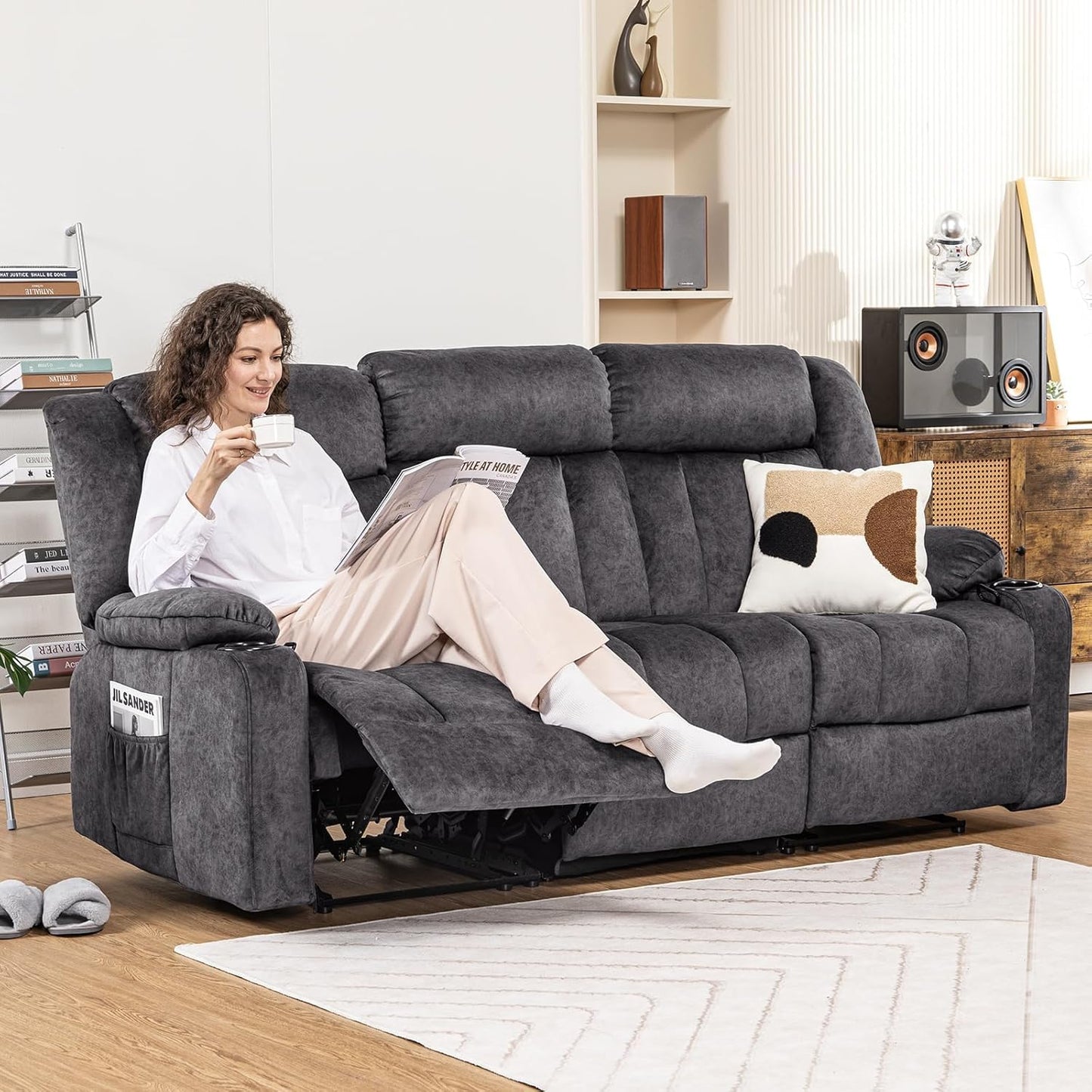 COMHOMA Manual Recliner Chair Set，Fabric Reclining Sofa Chair with Cup Holders, Upholstered Recliner with Side Pockets Suitable for Living Room Furniture (3)