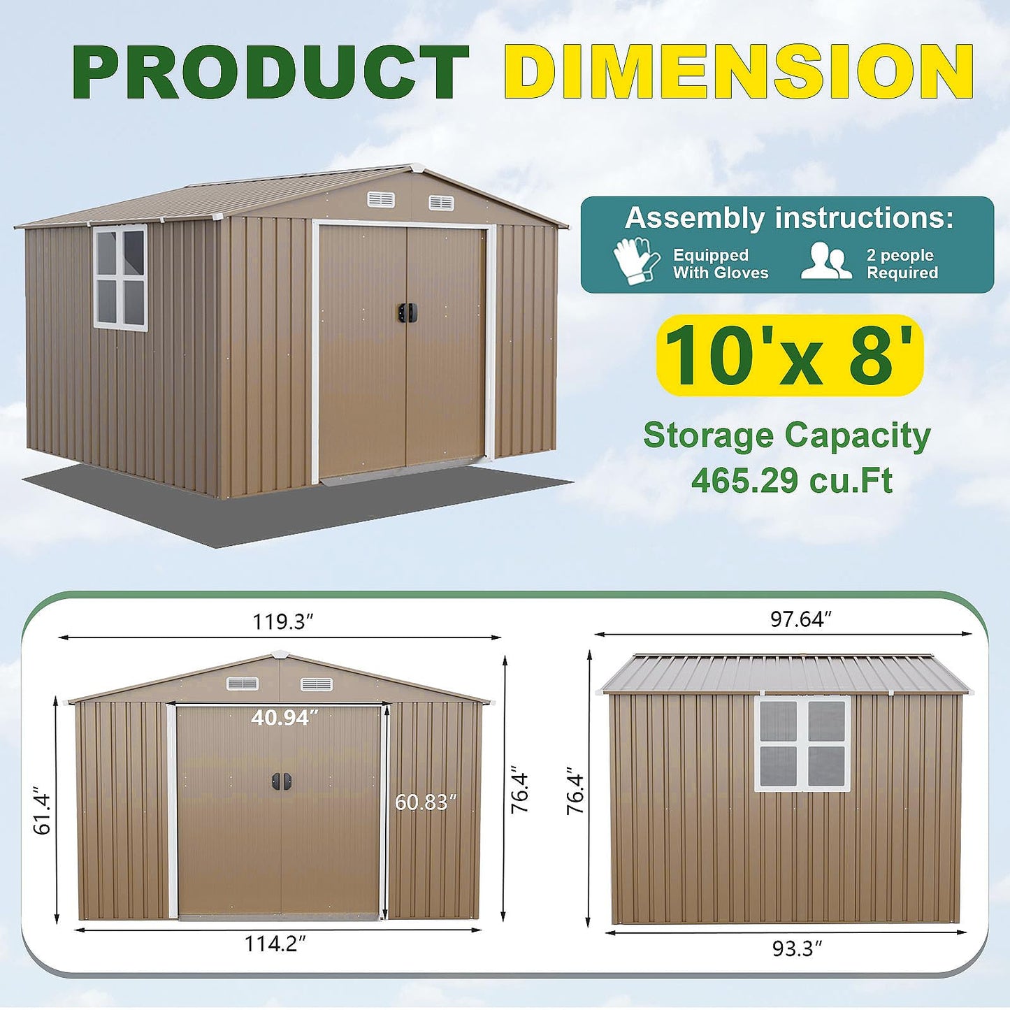 Gotland 10FT x 8FT Sheds & Outdoor Storage, Storage Shed with 1 Large Window Sloped Step, Metal Shed with 2 Lockable Slide Doors Air Vents, Outdoor Shed for Backyard Patio Lawn Brown