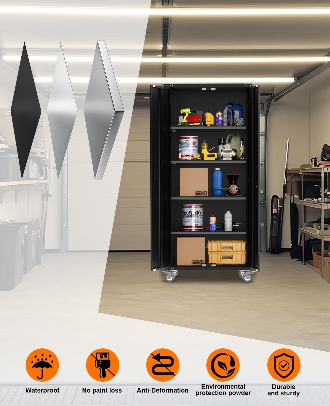 MilleLoom 71" Tall Locking Metal Storage Cabinet on Wheels, Tall 2 Door Tool Cabinet, 4 Adjustable Shelves, Storage Cabinet for Pantry, Garage Home Office Utility Room Storage, Black