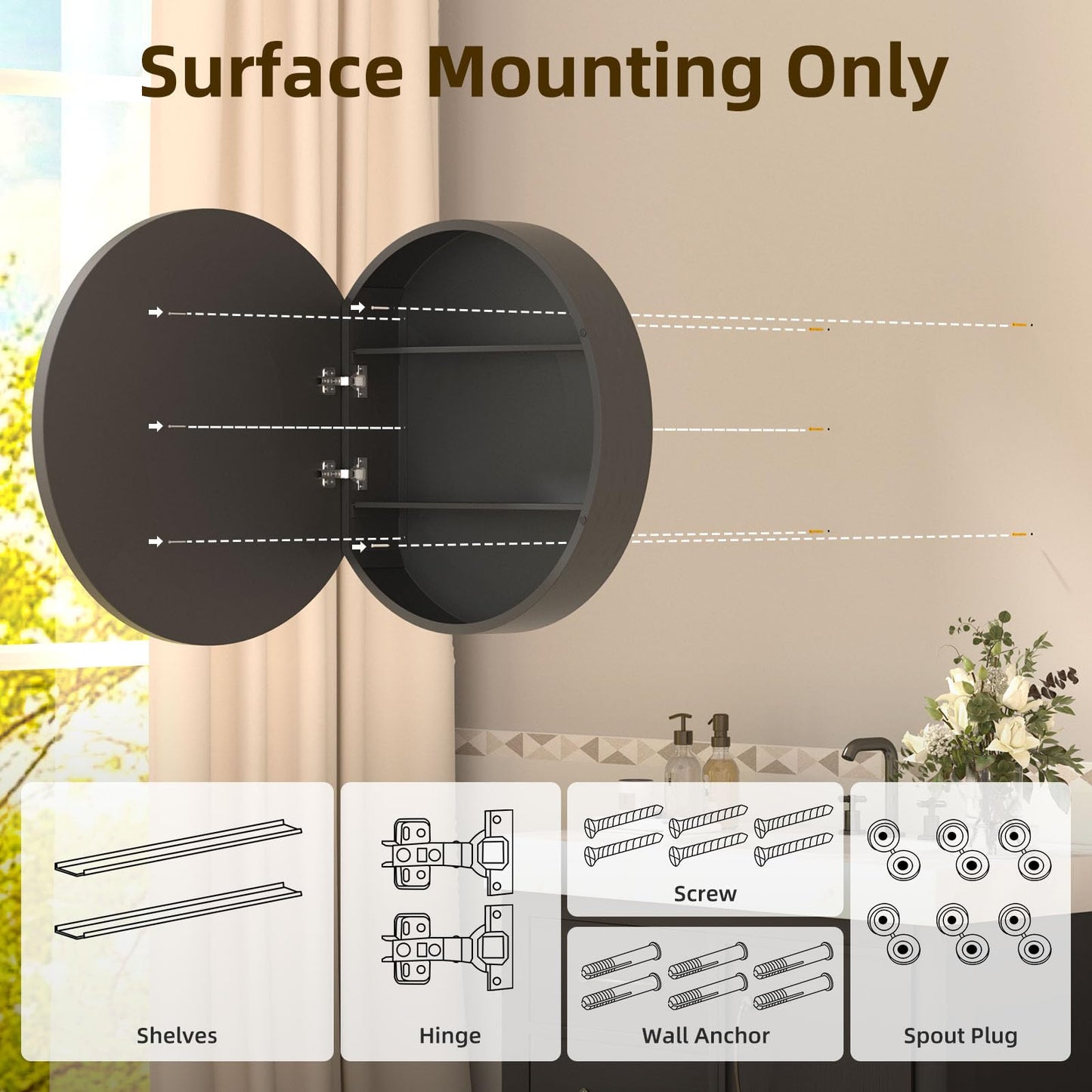 YTSMIR 24 x 24 Inch Round Medicine Cabinet Mirror Black,Circular Bathroom Mirror with Storage Wall Mounted,Metal Framed Medicine Cabinets with Tempered Glass Adjustable Shelves for Bathroom Vanity