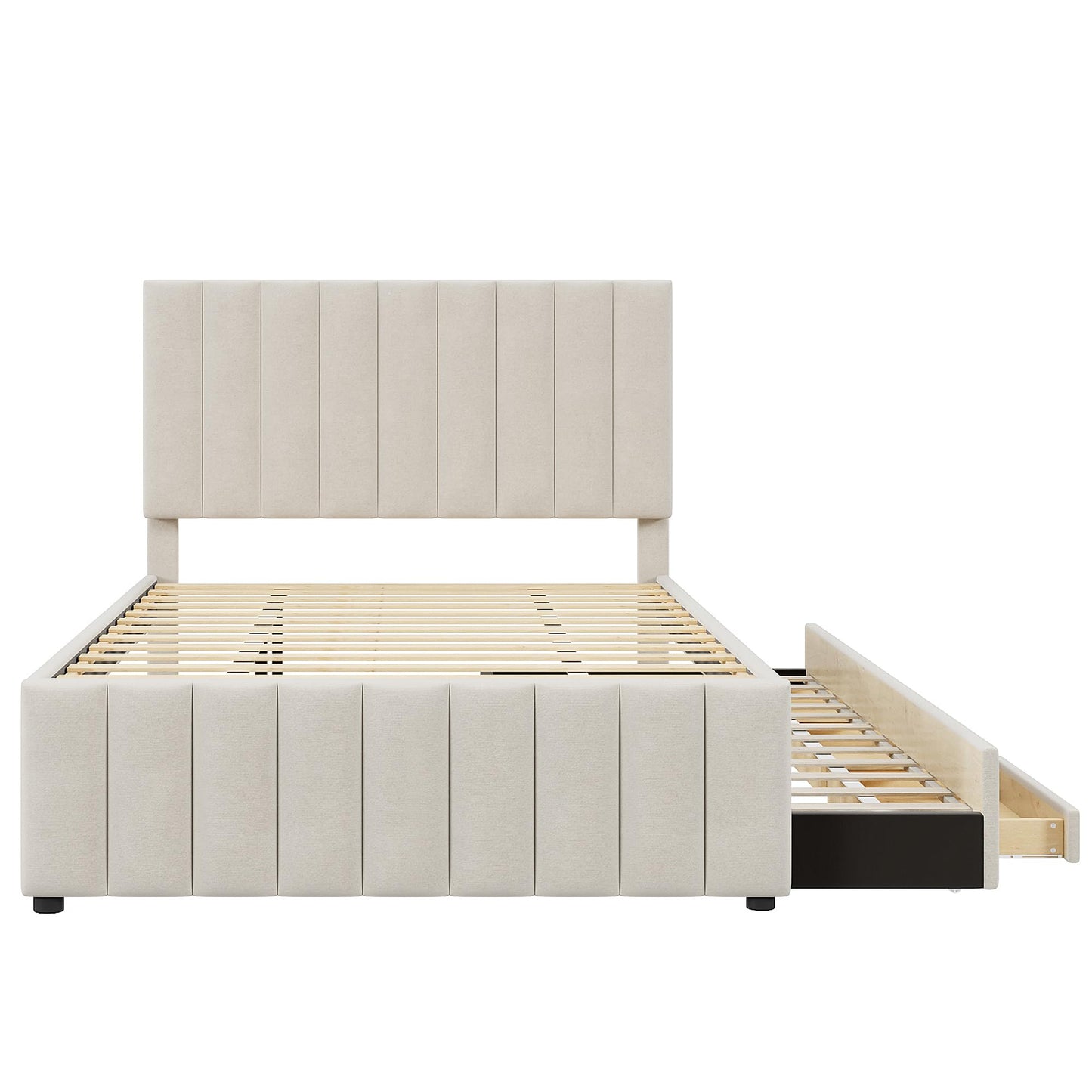 Merax Full Size Bed Frame with Trundle and 3 Storage Drawers, Elegant Linen Upholstered Platform Bed with Stripe Headboard for Bedroom, Small Spaces, No Box Spring Needed, Easy Assembly, Beige