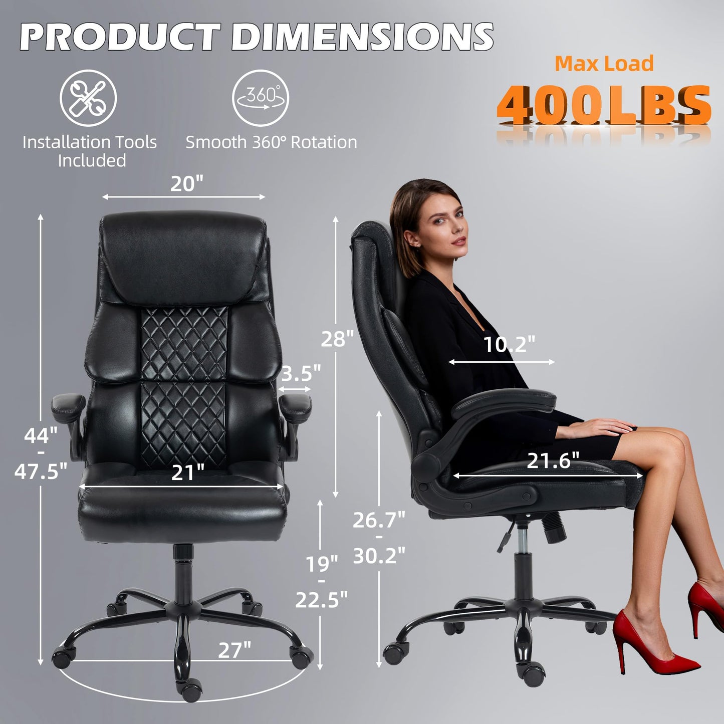Office Chair - Ergonomic High Back Computer Desk Chair with Rocking Function & Lumbar Support - Executive Comfortable Wide Swivel Rolling Office Leather Chair with Flip-up Armrests for Home Gaming