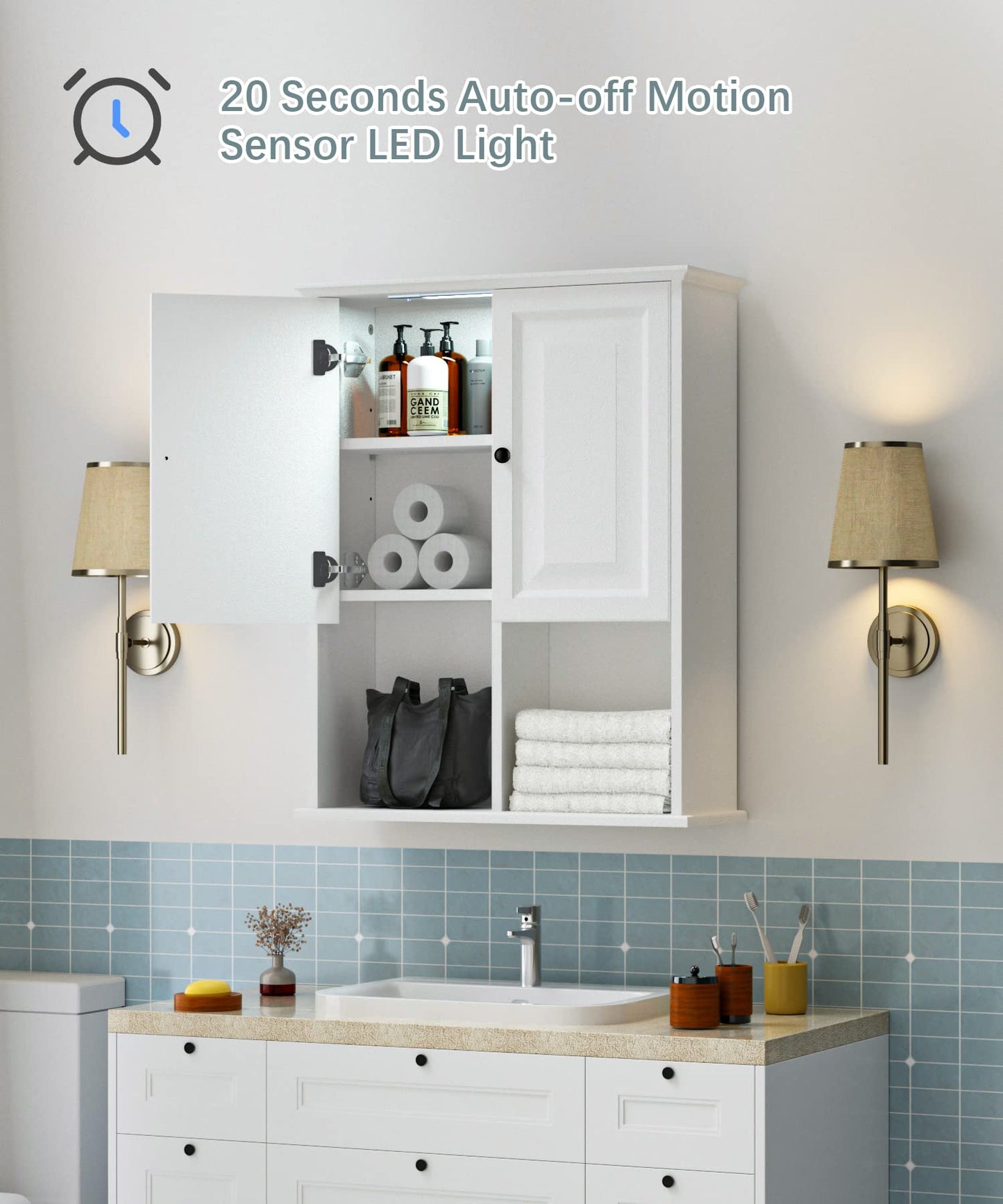 HAIOOU Bathroom Wall Cabinet with Motion Sensor Light, Wooden Medicine Cabinet Wall Mounted, Over the Toilet Bathroom Storage Cabinet with Soft Close Hinges and Adjustable Shelf - Modern White