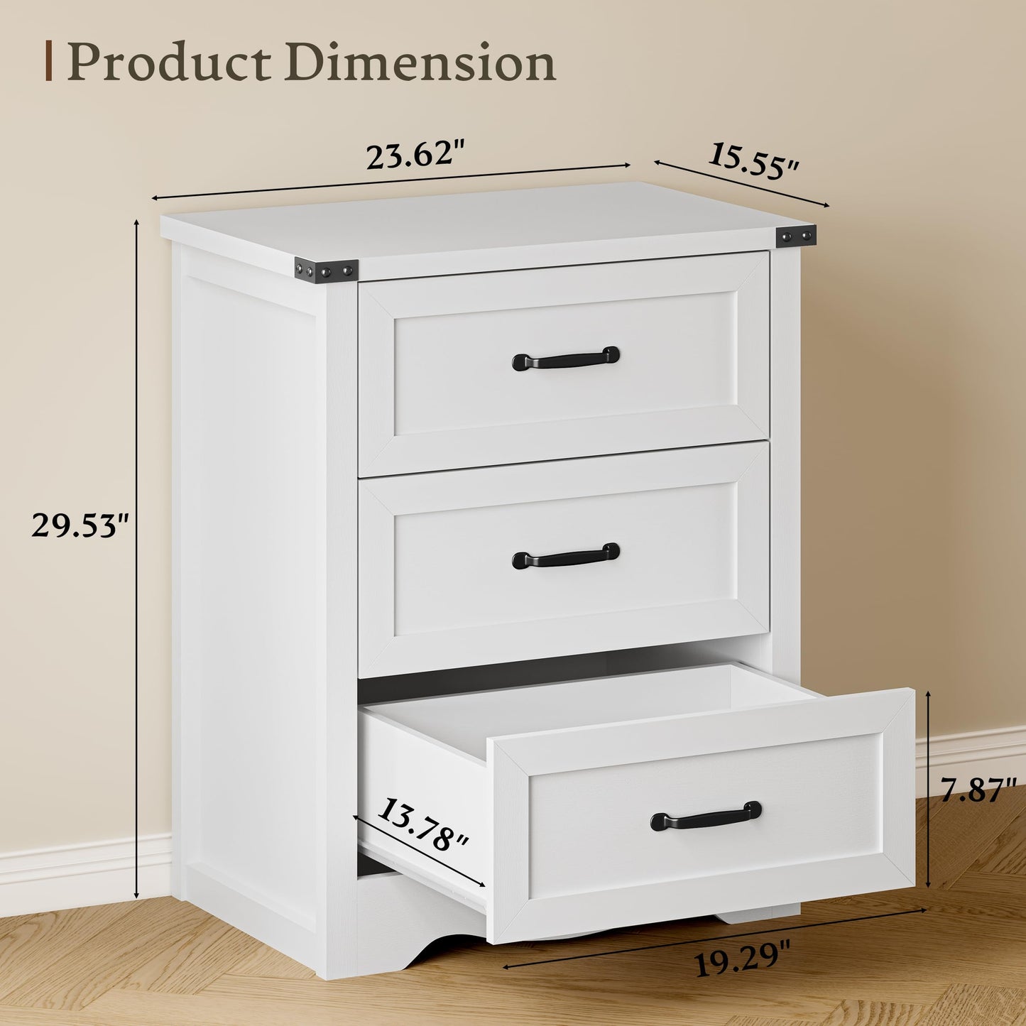BORNOON Night Stand Set of 2, 3 Drawers Bedside Table Dresser with Metal Handles, Sturdy Wooden End Side Table Storage Cabinet with Anti-Tipping Design for Bedroom