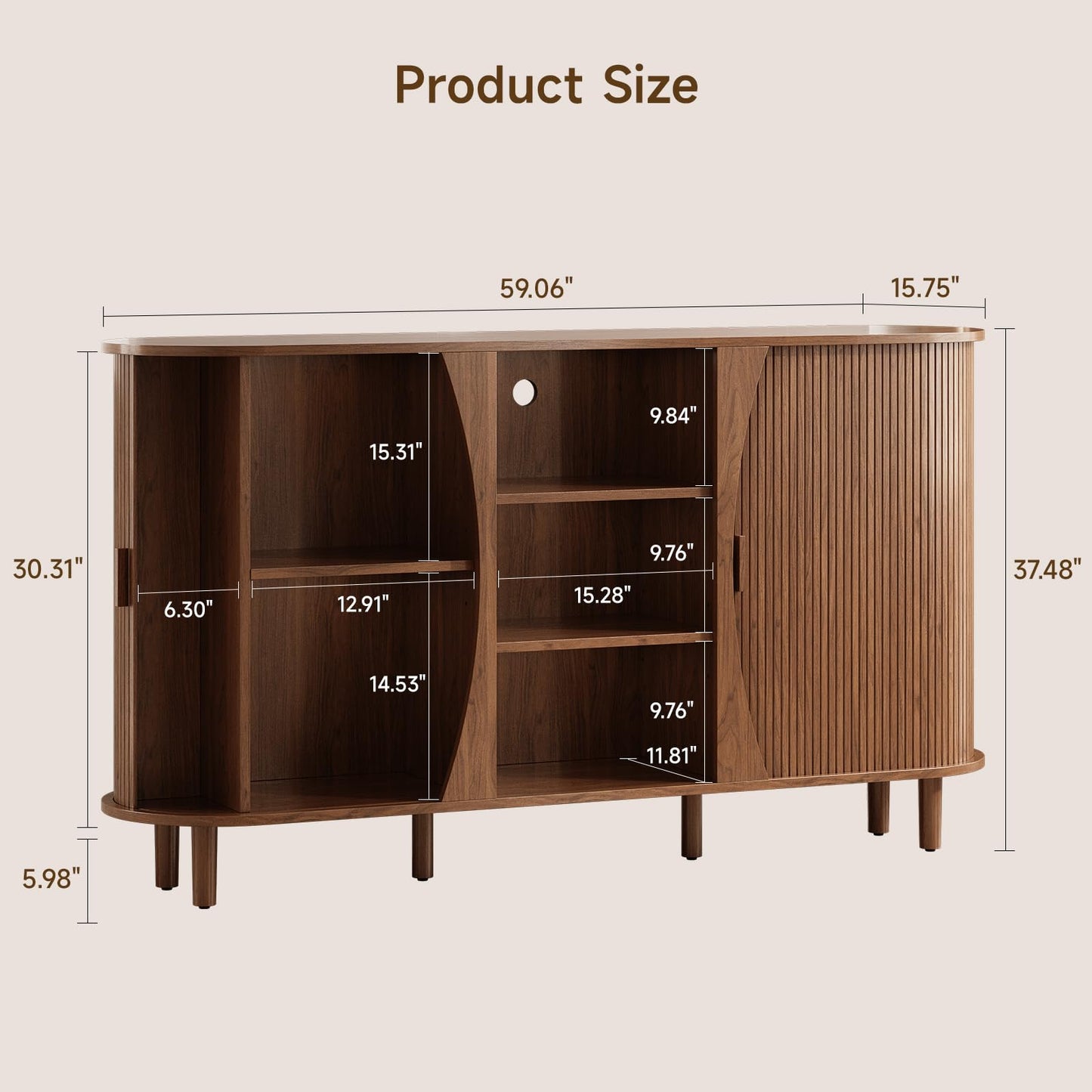 ONBRILL 59" Curved Buffet Cabinet with Storage, Sideboard Cabinet with Adjustable Shelves, Mid-Century Modern Buffet Cabinet with Sliding Doors and 6 Wood Legs, Storage Cabinet for Living Room, Walnut