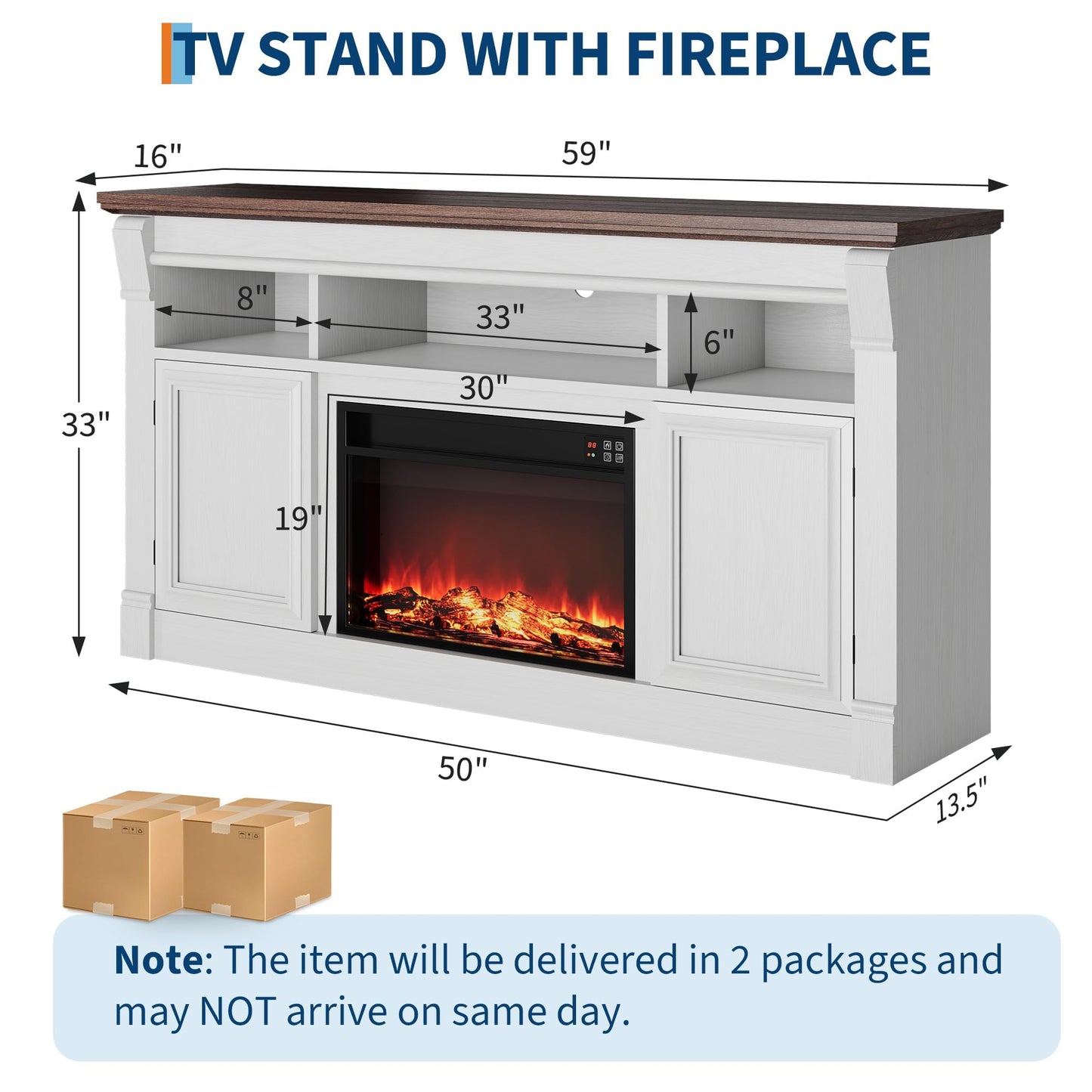 IDEALHOUSE 58 Inch Fireplace TV Stand,Wooden Entertainment Center with 30 Inch Fireplace, Farmhouse Media Console with Storage Cabinets for Living Room, White&Brown