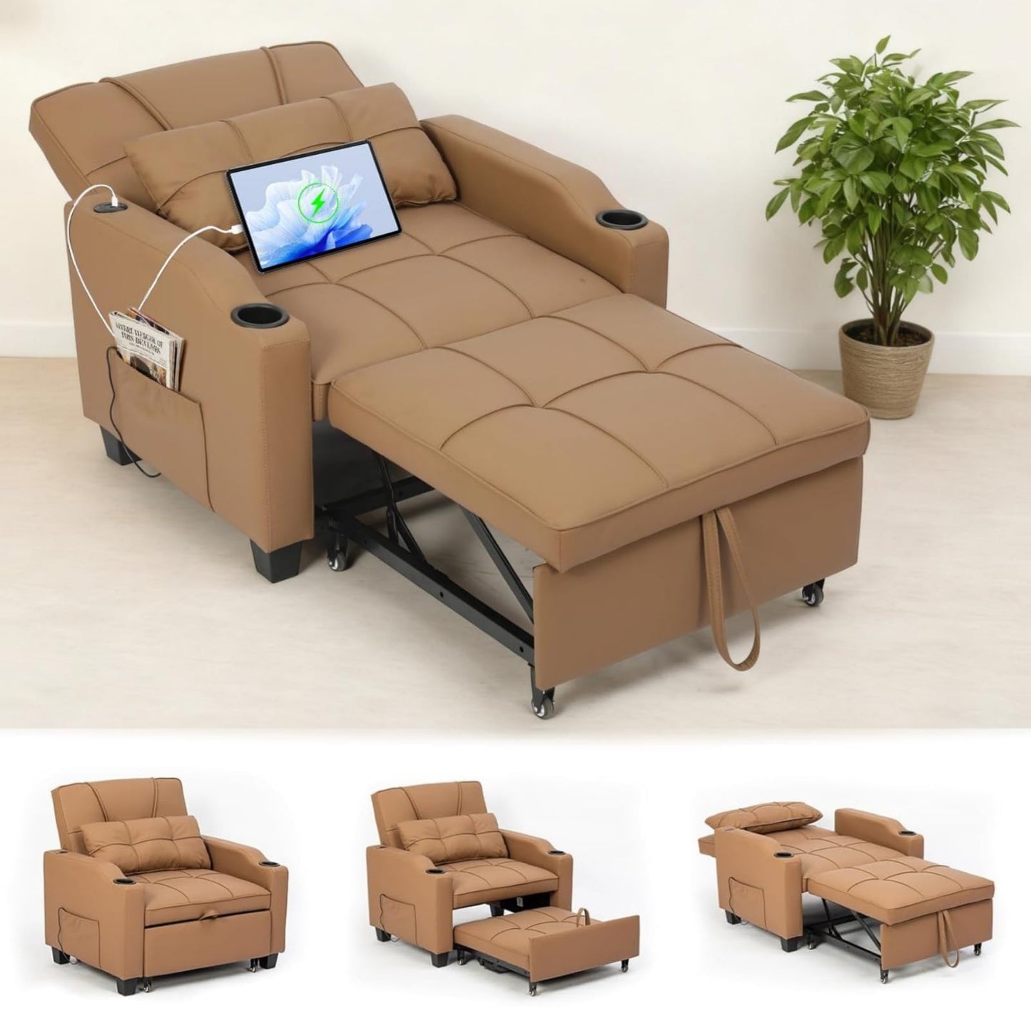 Sleeper Chair Pull Out Bed, 4 in 1 Convertible Sofa Chair Bed with Vibration Massage Lumbar Pillow, Single Sofa Recliner with USB/Type-C Port, Cup Holders and Side Pocket for Small Spaces (Brown)