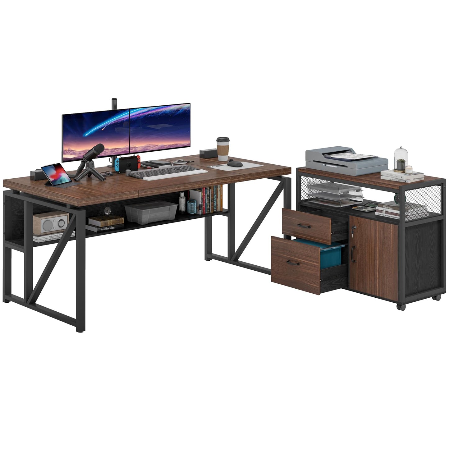 Tribesigns Office Desk with Drawers Sets, 63 inches L Shaped Computer Desk with Mobile File Cabinet,Big Executive Desk for Home Office Furniture Sets (Dark Brown, 63-inch)