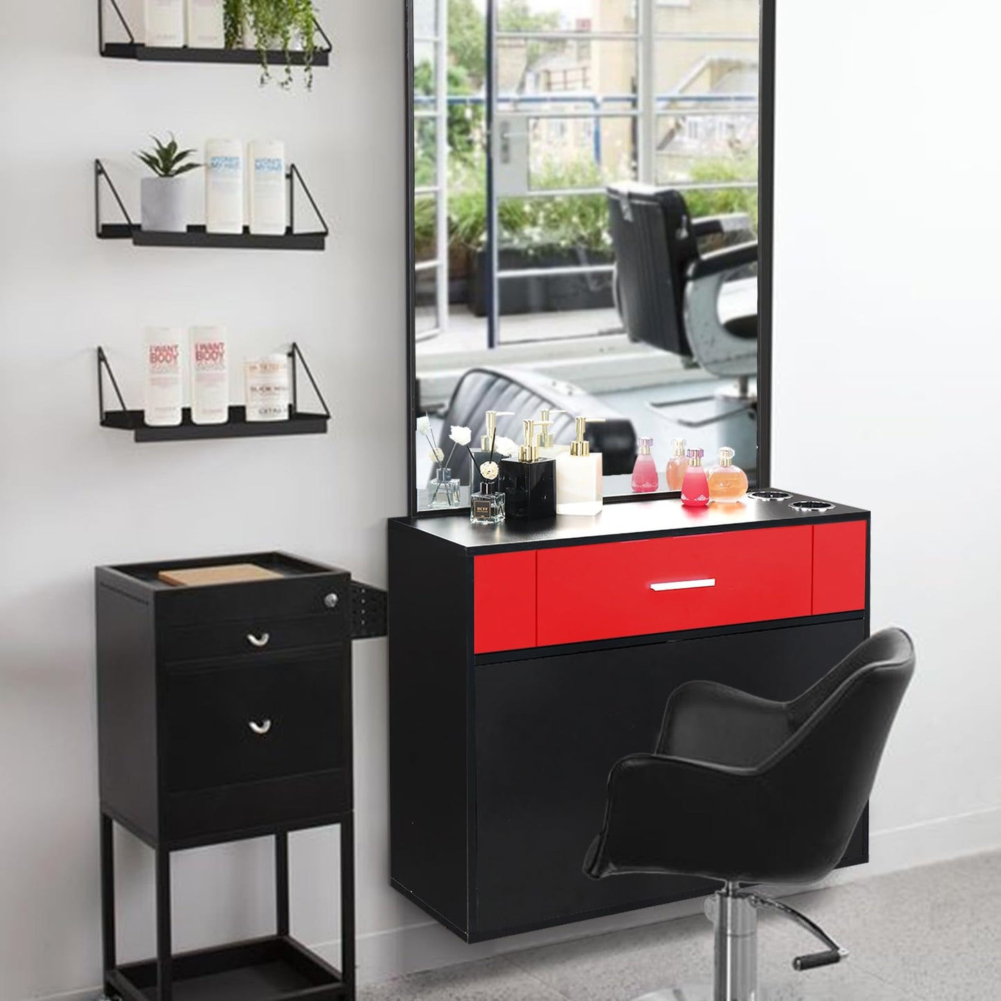 JHshop Barber Salon Station Organizer Cabinet Makeup Hair Styling Beauty Spa Equipment Set, Wall Mount Salon Station Barber Stations Styling Station with Mirror Barber Beauty Spa Salon Equipment